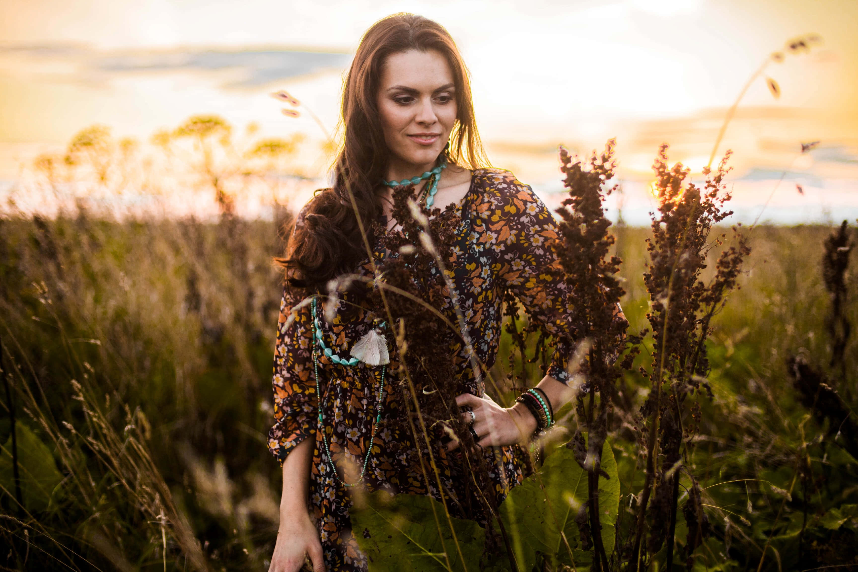 boho hippie, woman, floral dress, 2K Desktop Wallpaper