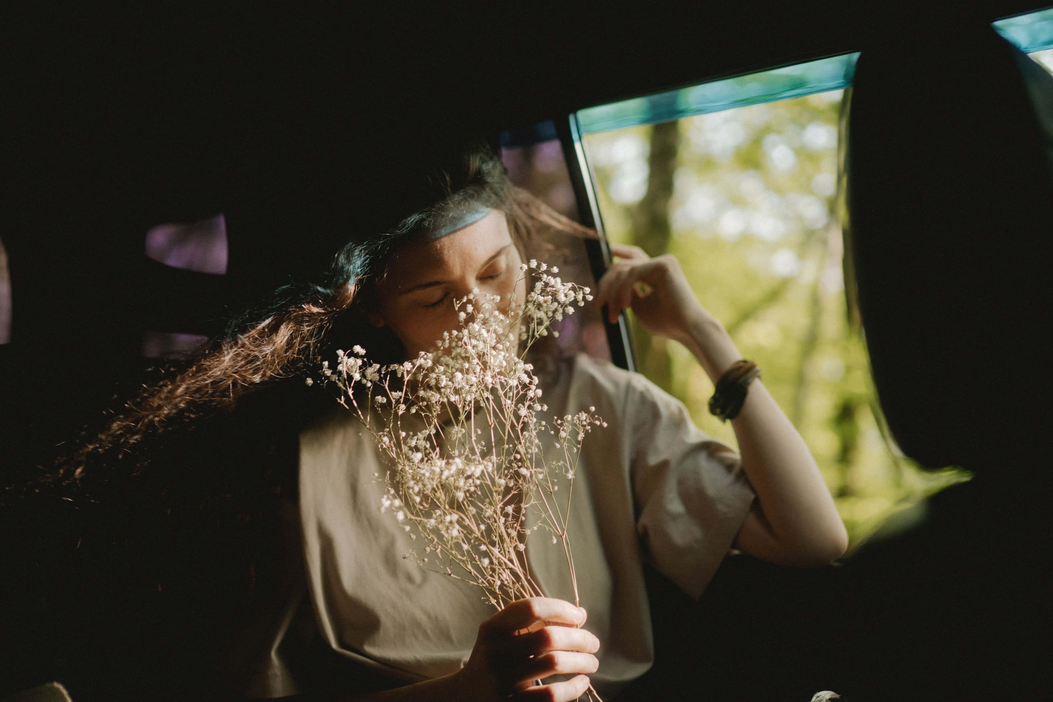 Bohemian Dreamerwith Flowers, baby's breath, sunlight, 2K Desktop Wallpaper