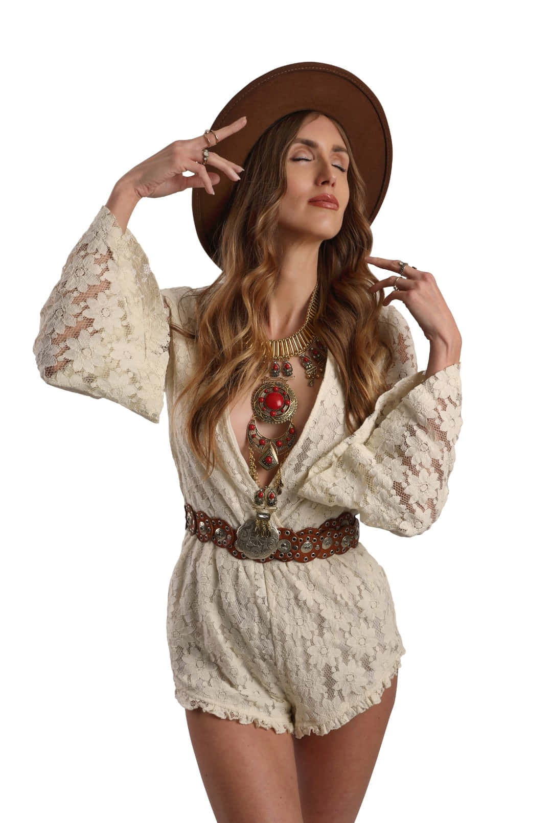 bohemian lace romper, wide-brimmed hat, plain white background, HD Phone Wallpaper