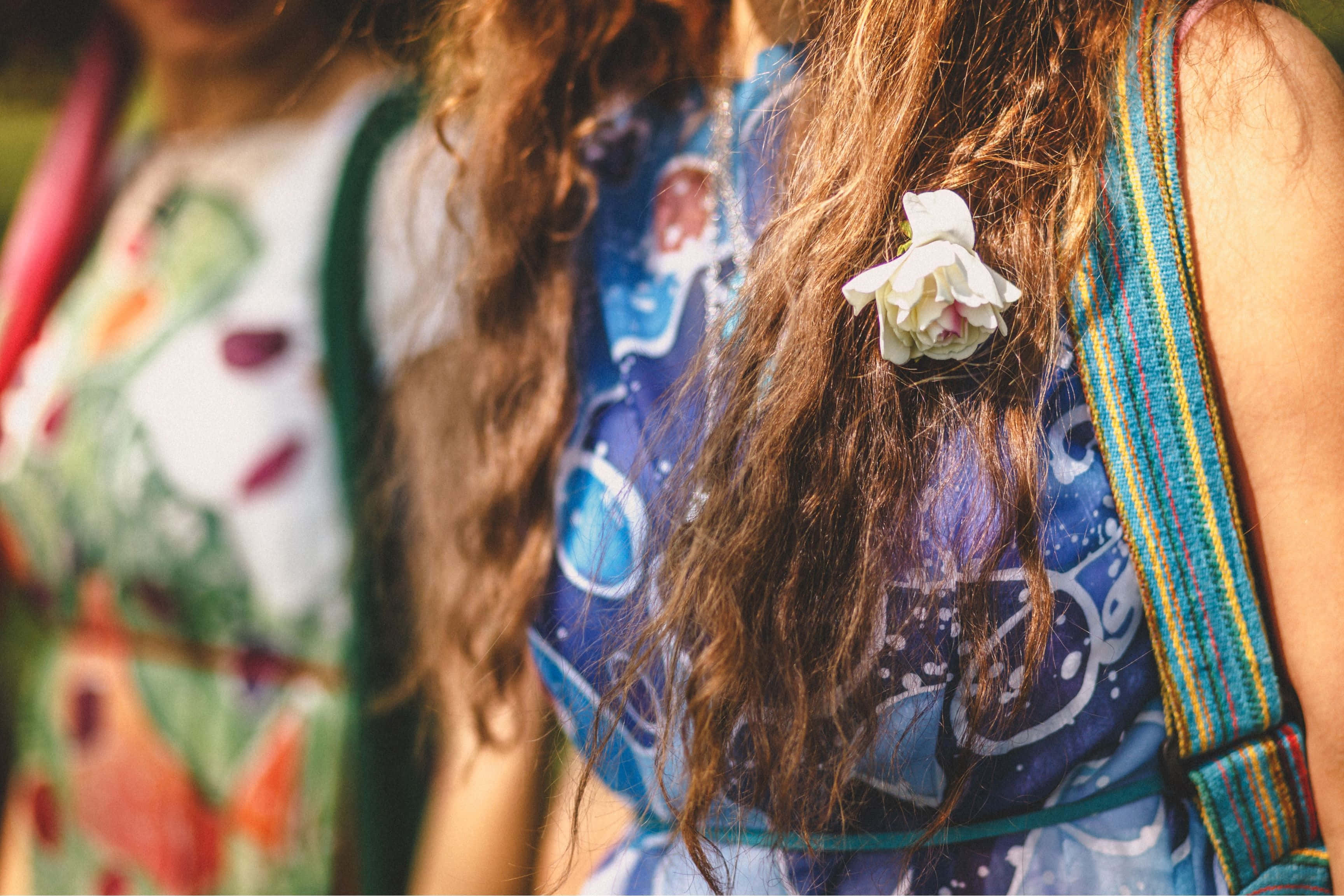 Boho Hippie, long hair, colorful patterned dresses, 2K Desktop Wallpaper
