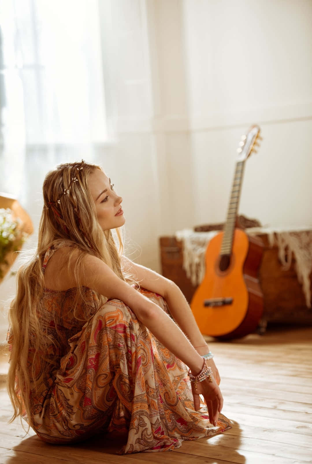 Bohemian Hippie Girlwith Guitar, patterned dress, acoustic guitar, HD Phone Wallpaper