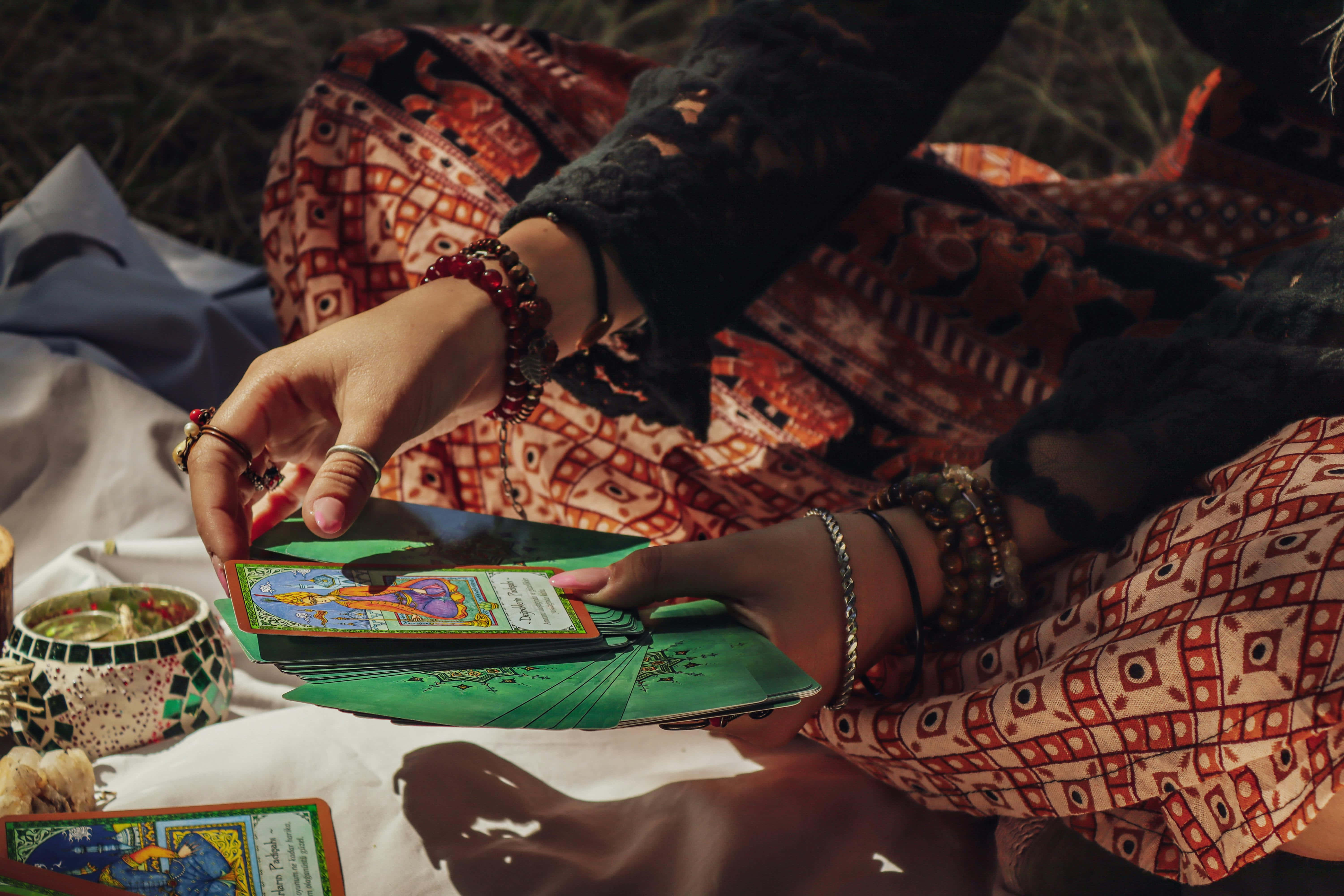 Boho Hippie, tarot card reading, patterned attire, 5K Desktop Wallpaper