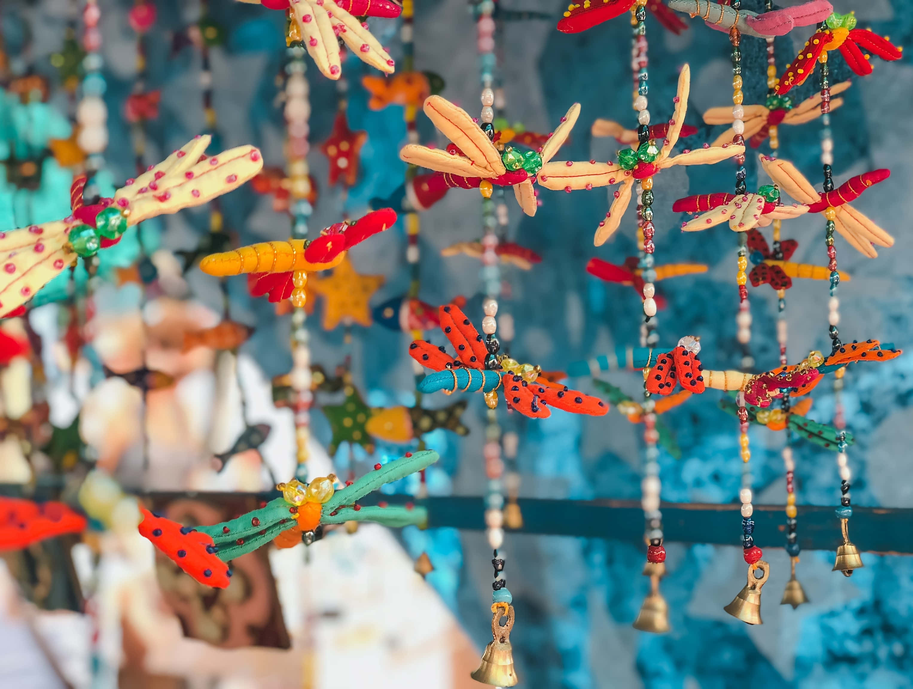 Boho Hippie, dragonfly mobiles, colorful beads, 2K Desktop Wallpaper