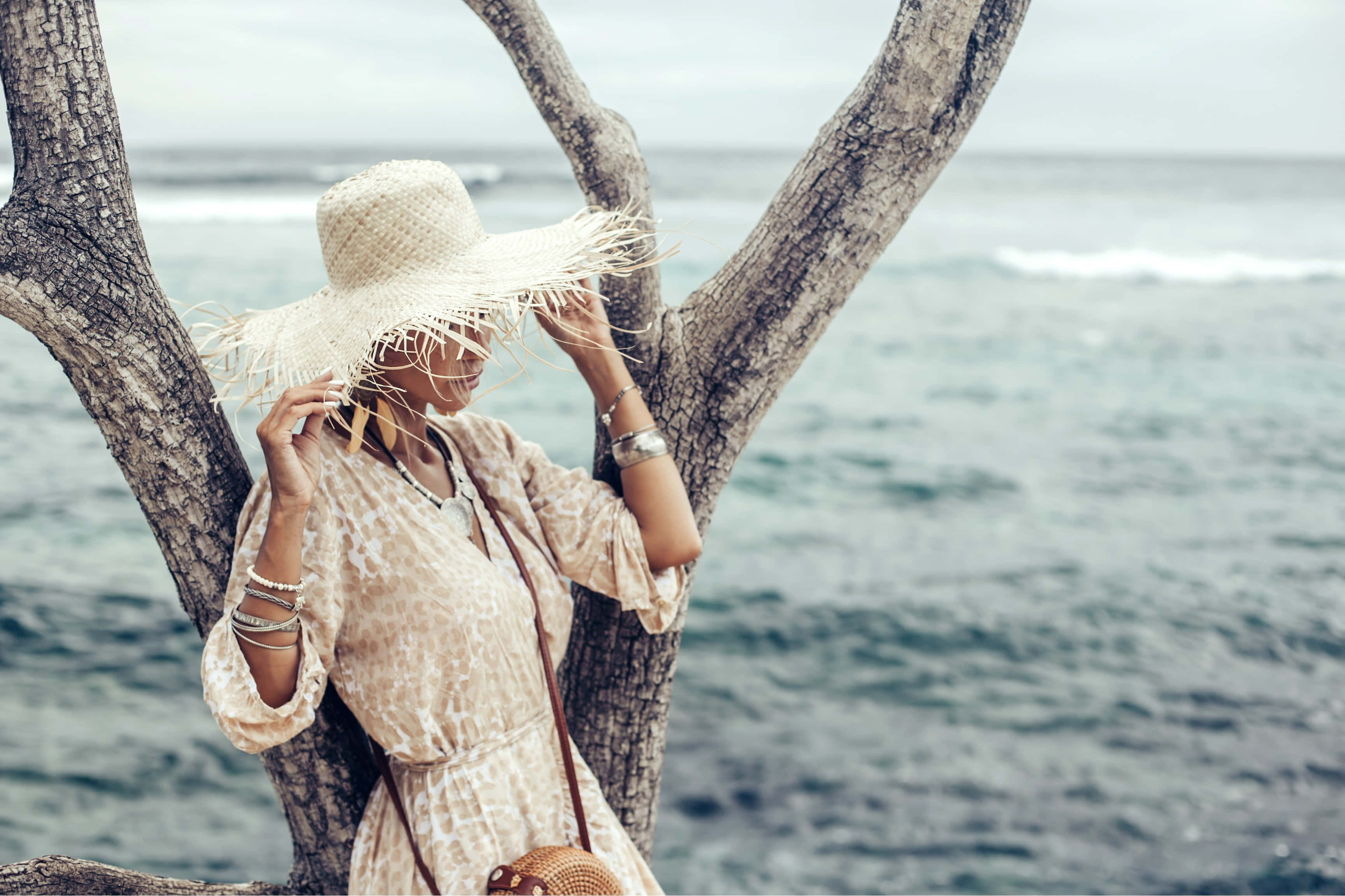 boho chic beachside hippie, wide-brimmed straw hat, gnarled tree trunk, 2K Desktop Wallpaper