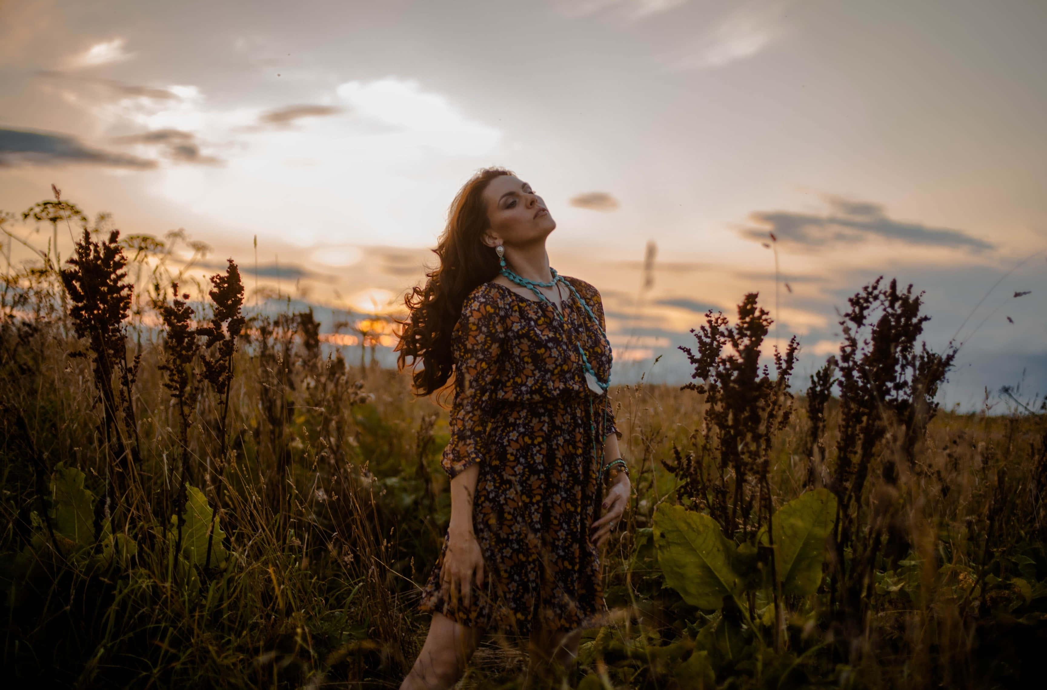 boho hippie woman, floral dress, golden field, 2K Desktop Wallpaper