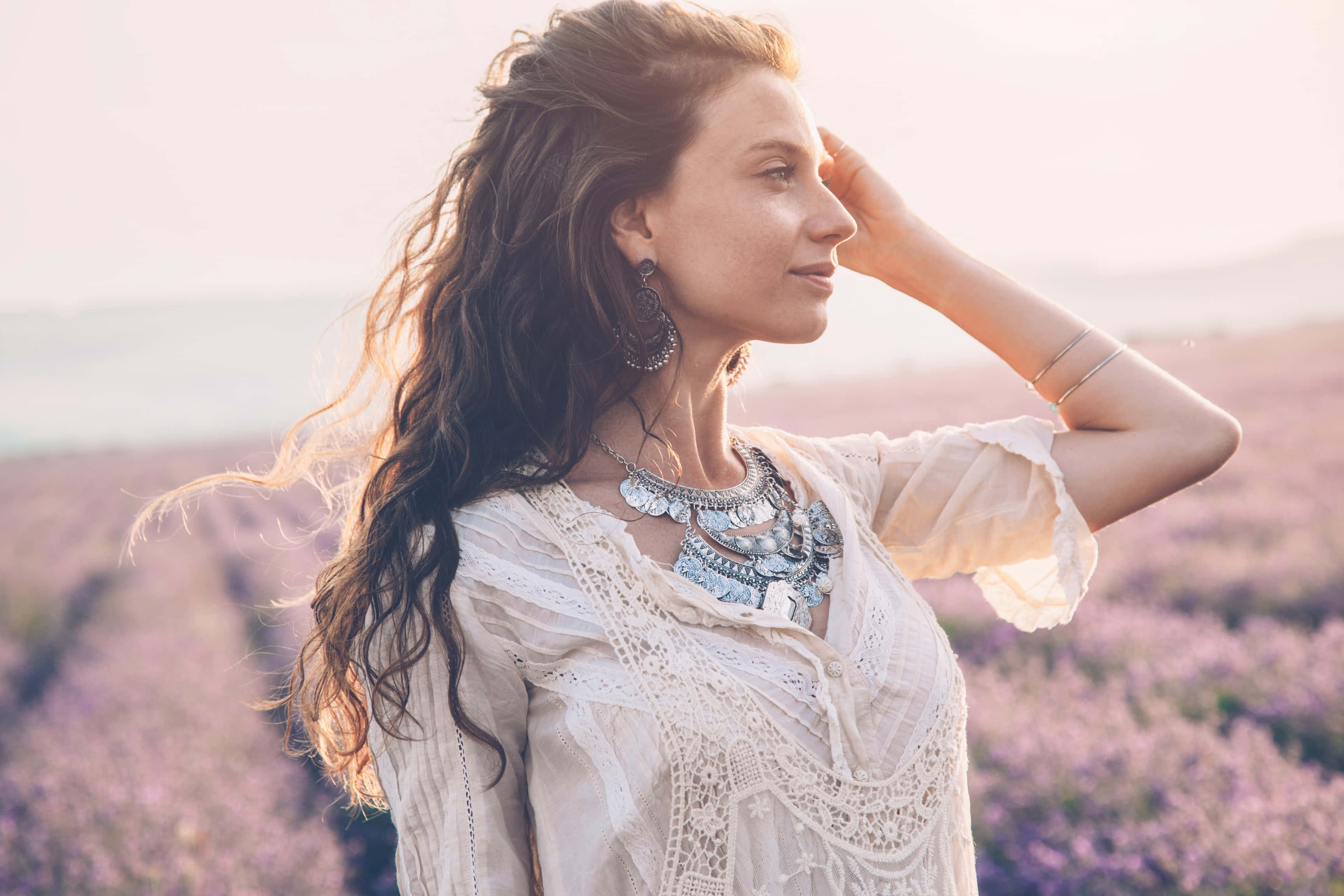 boho hippie woman, lavender field, golden hour, 2K Desktop Wallpaper