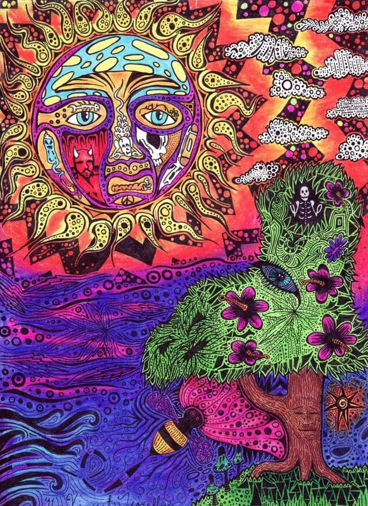 Trippy Hippie Movement, psychedelic sun, skull face, SD Phone Wallpaper