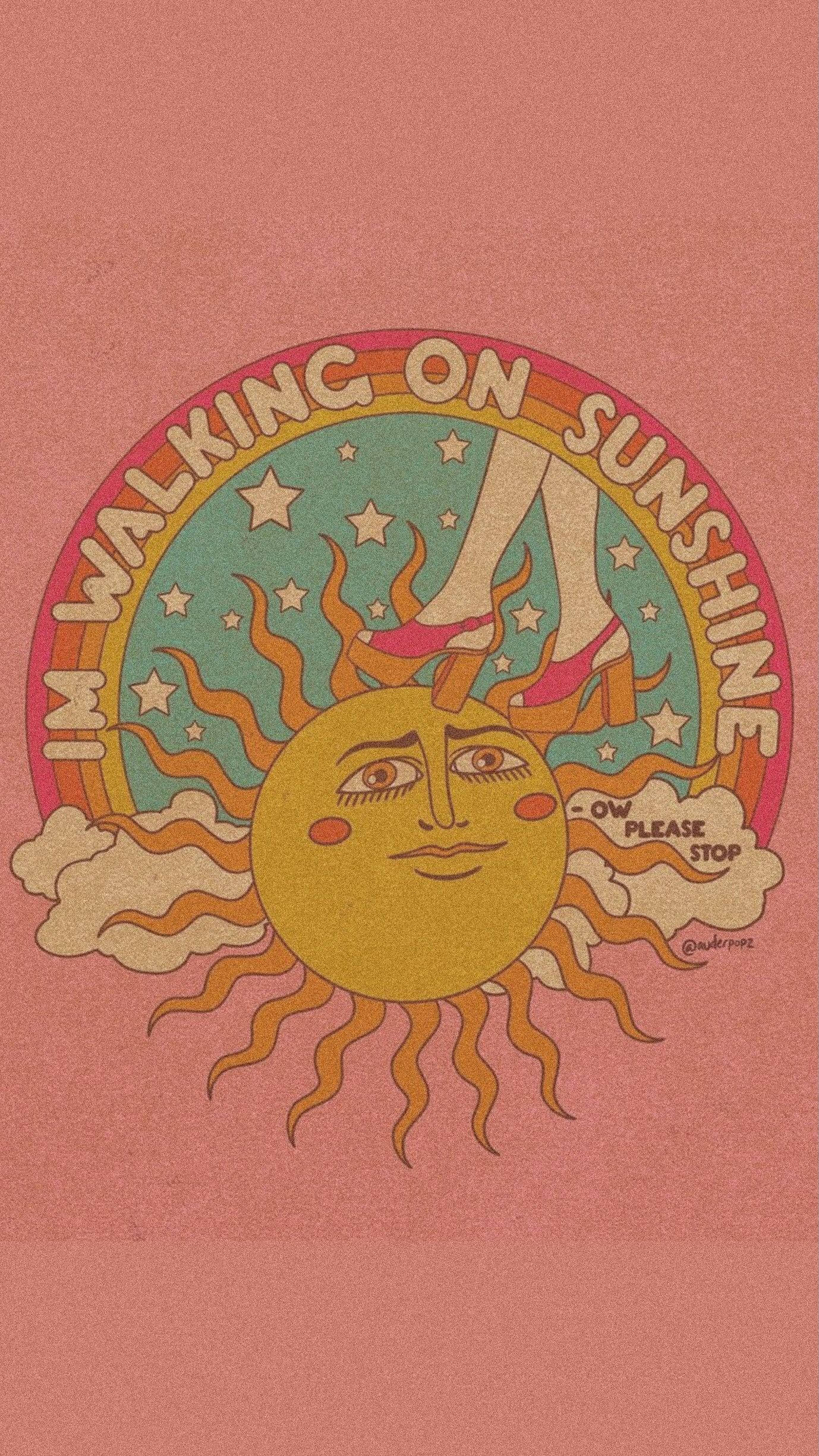 i'm walking on sunshine, retro-style illustration, smiling sun with legs, Full HD Phone Wallpaper