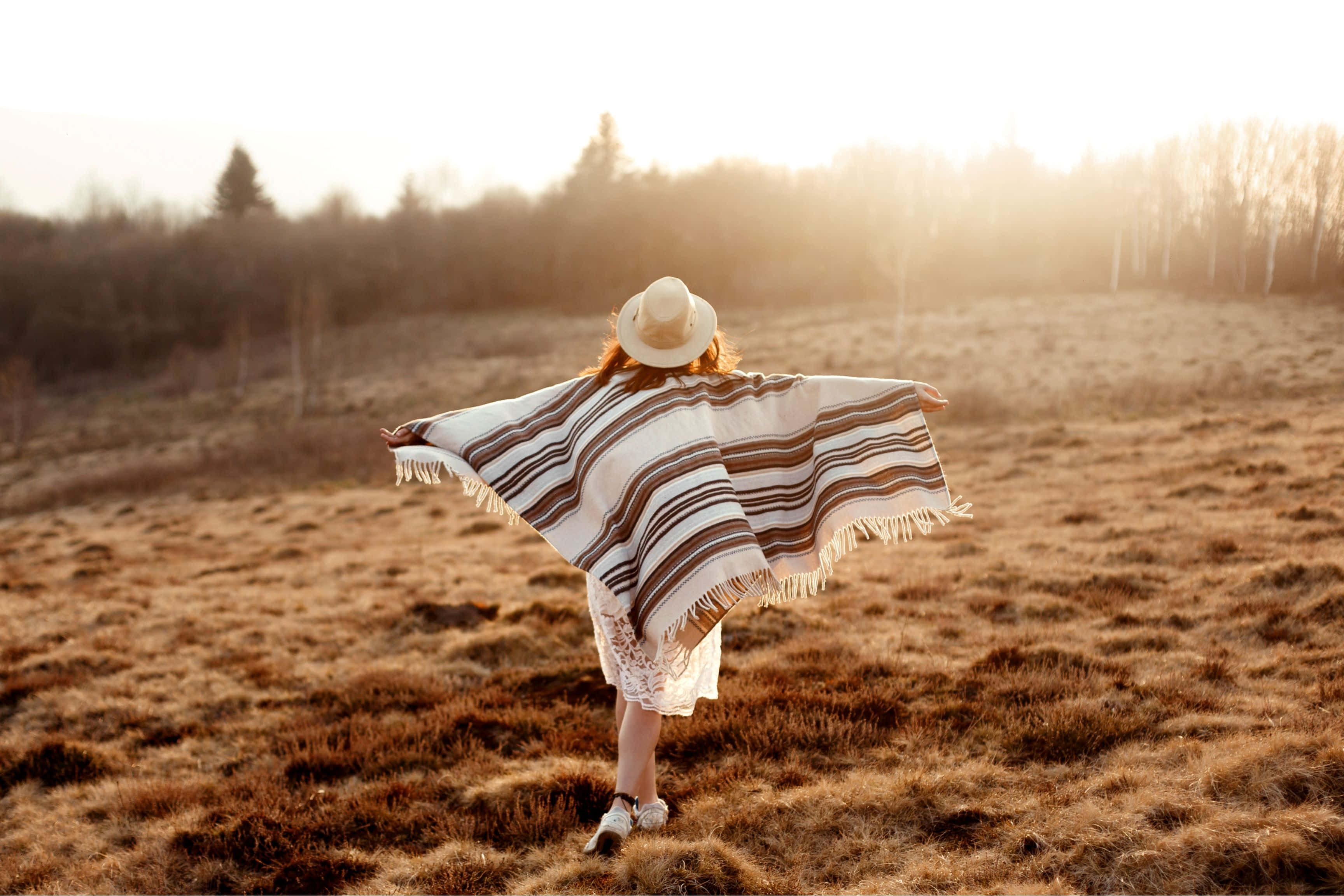 boho hippie style, straw hat, striped poncho, 2K Desktop Wallpaper