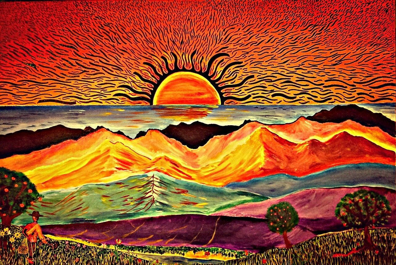 Hippie Aesthetic, vibrant stylized sunset, fiery sun, HD Desktop Wallpaper