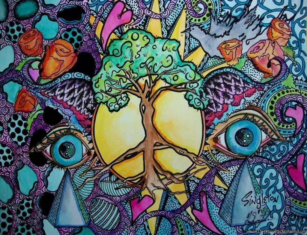 Trippy Hippie, tree of life, peace symbol roots, SD Desktop Wallpaper