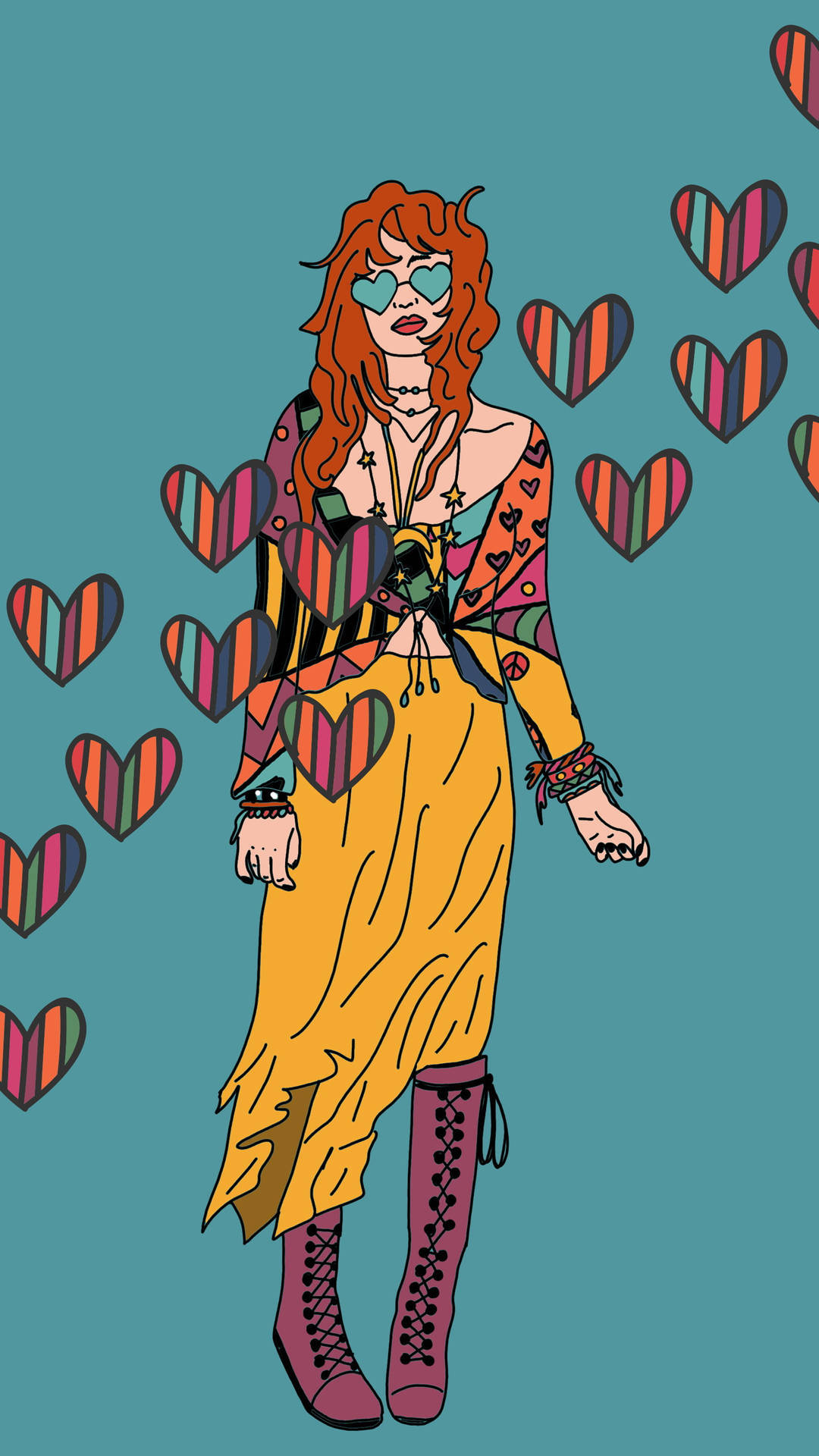 red hair, heart-shaped sunglasses, striped hearts, Full HD Phone Wallpaper
