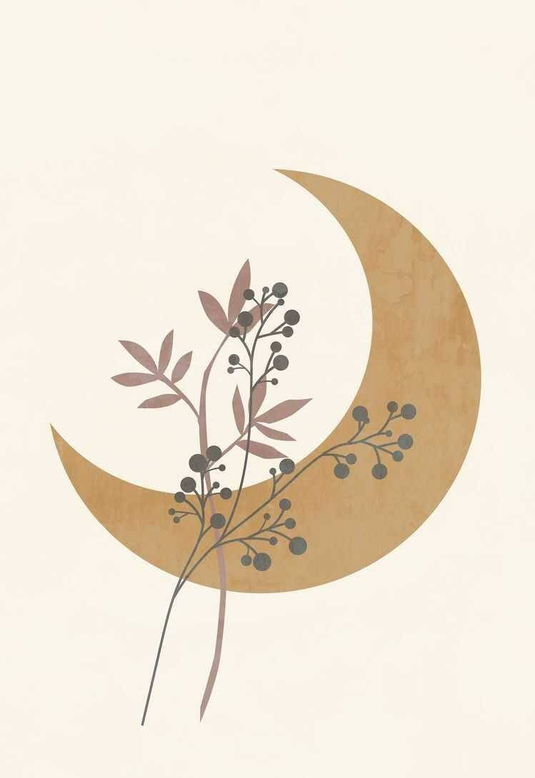 crescent moon, leaf branch, warm beige, SD Phone Wallpaper