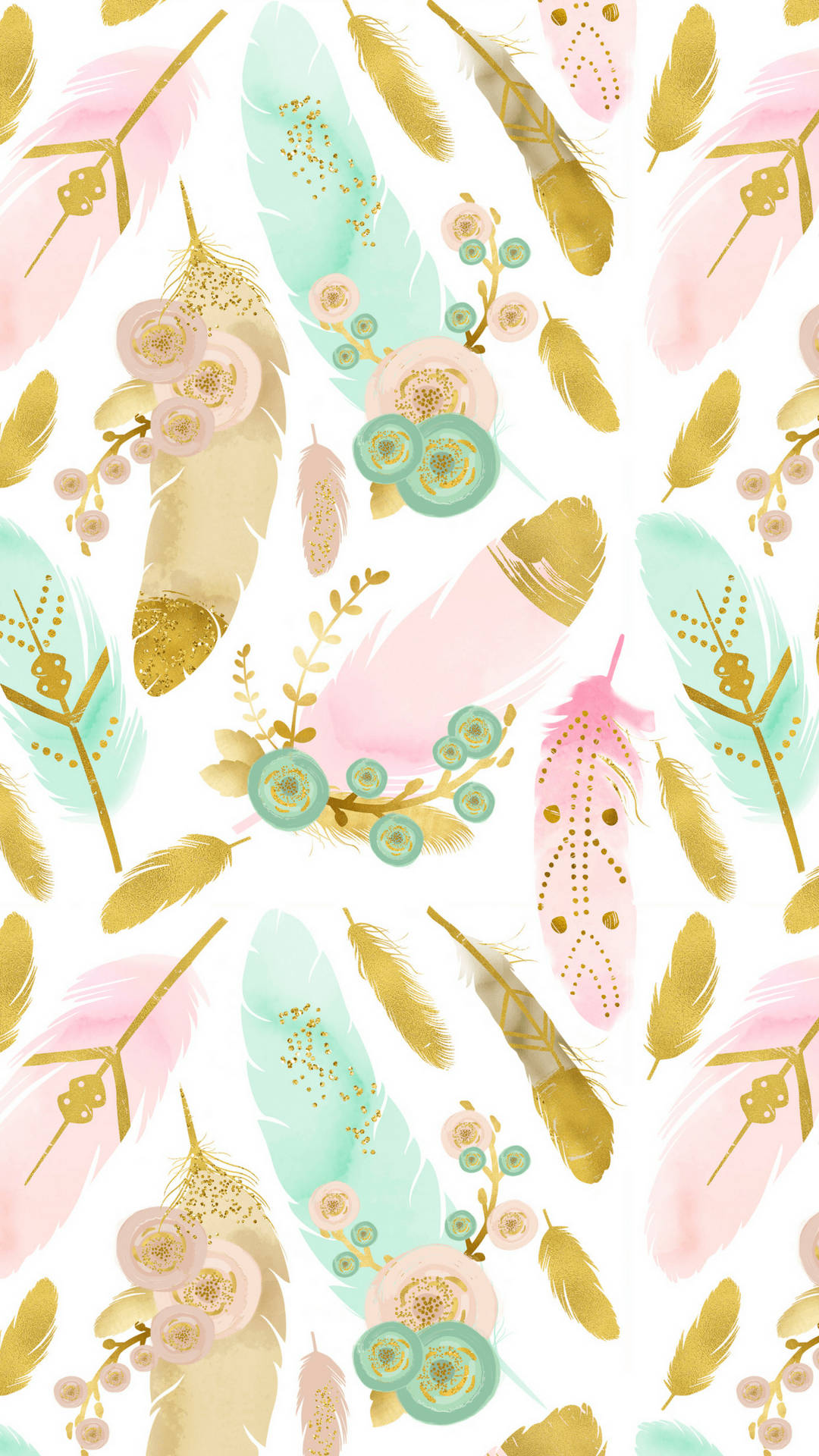 feathers, flowers, pink mint, Full HD Phone Wallpaper