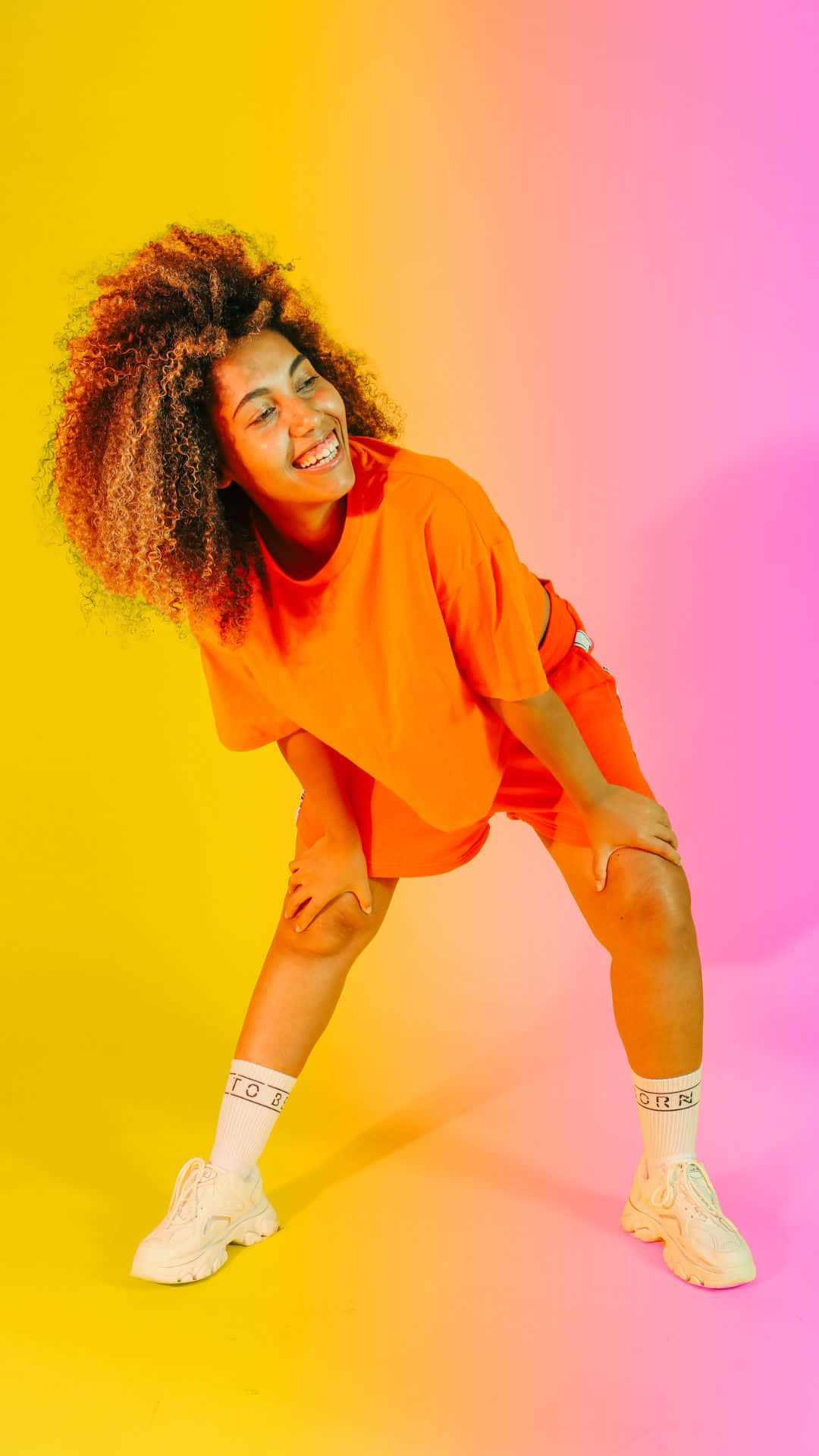 Happy iPhone, vibrant yellow and pink gradient, joyful woman, Full HD Phone Wallpaper