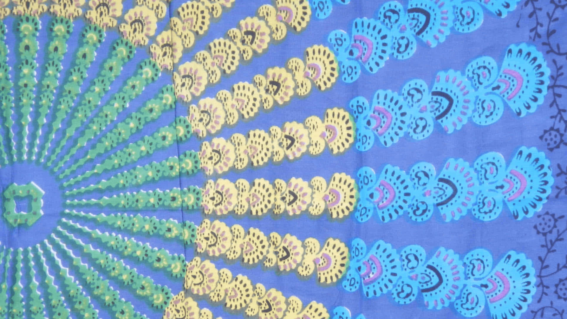 Boho Peacock Pattern Art Laptop, vibrant blue fabric, sunburst patterns, Full HD Desktop Wallpaper