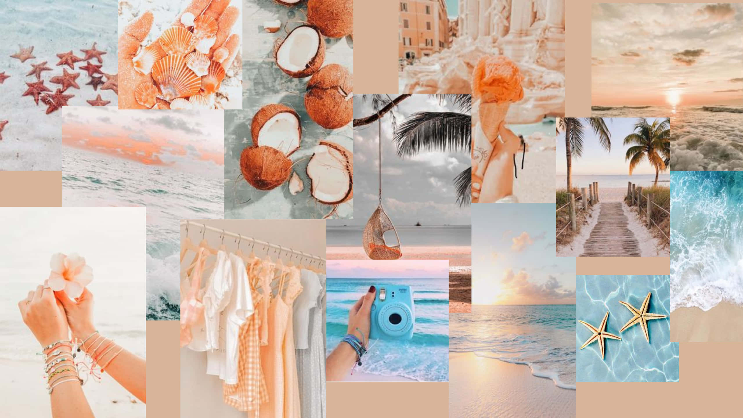 Boho Beach Photo Collage Laptop, starfish, seashells, 2K Desktop Wallpaper