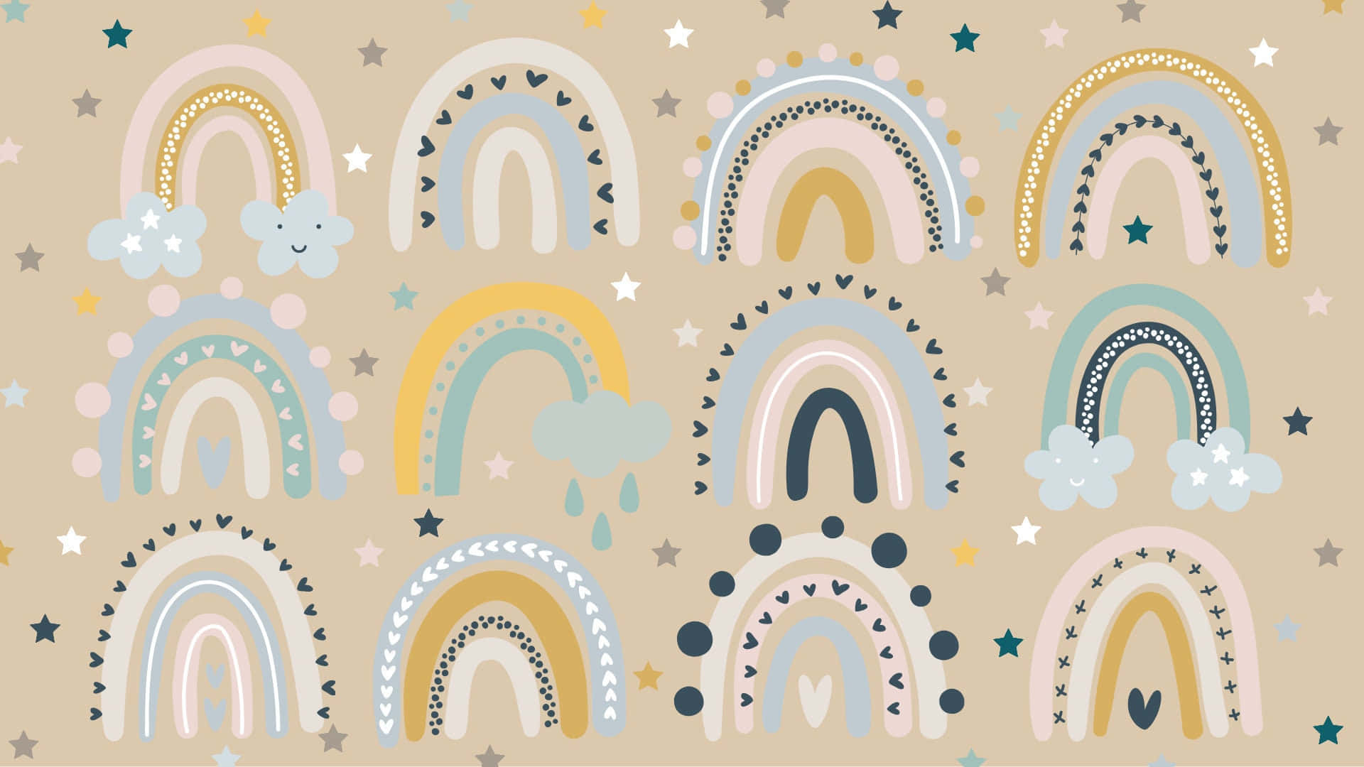 beige background, pastel rainbow arches, hearts, Full HD Desktop Wallpaper