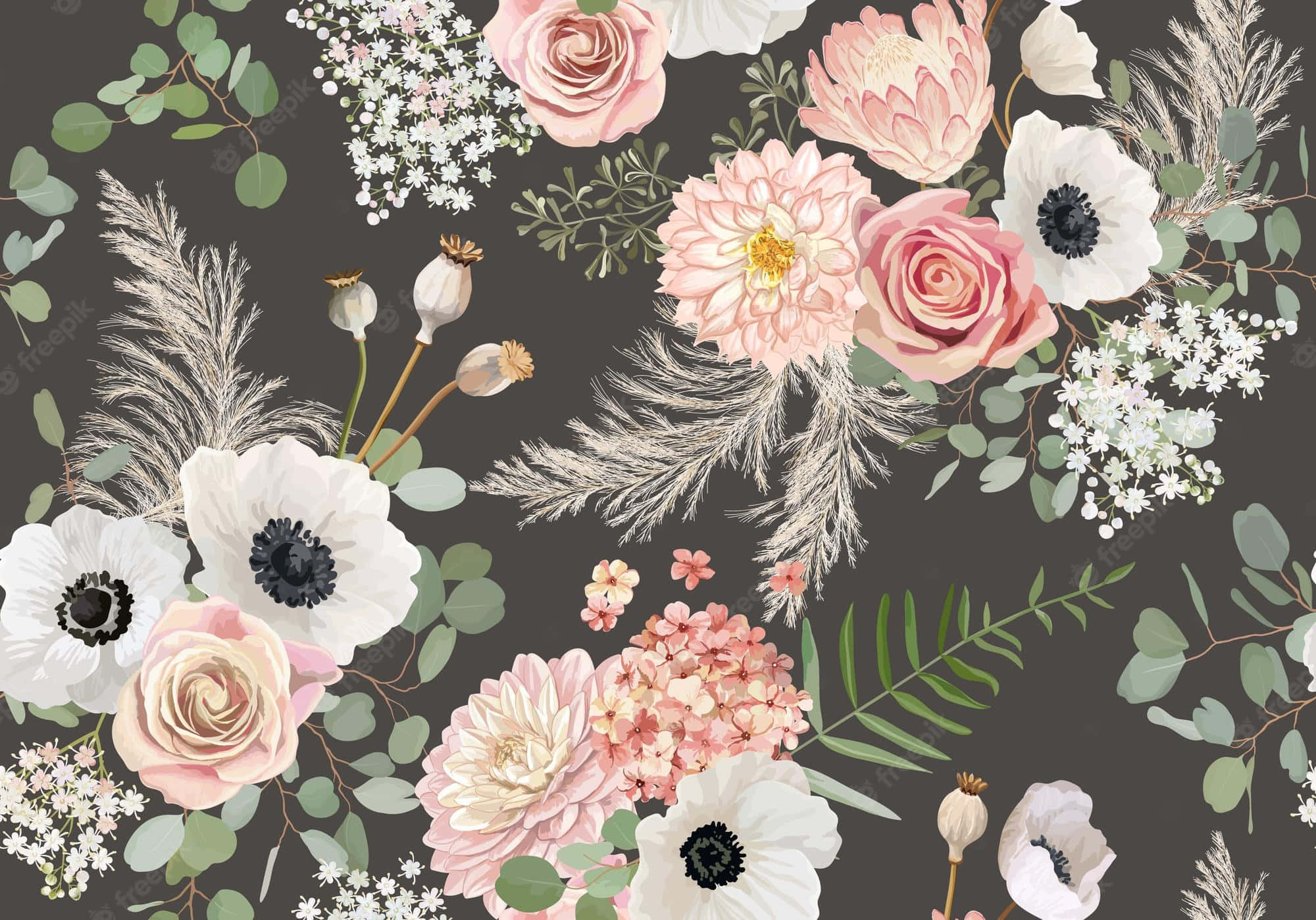 pink roses, anemones, greenery, Full HD Desktop Wallpaper