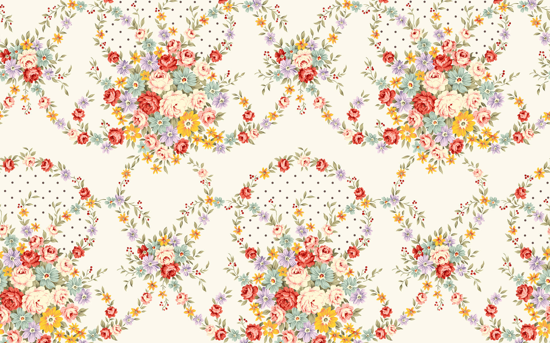 Boho Laptop, vintage floral wallpaper pattern, repeating wreaths of roses and wildflowers, Full HD Desktop Wallpaper