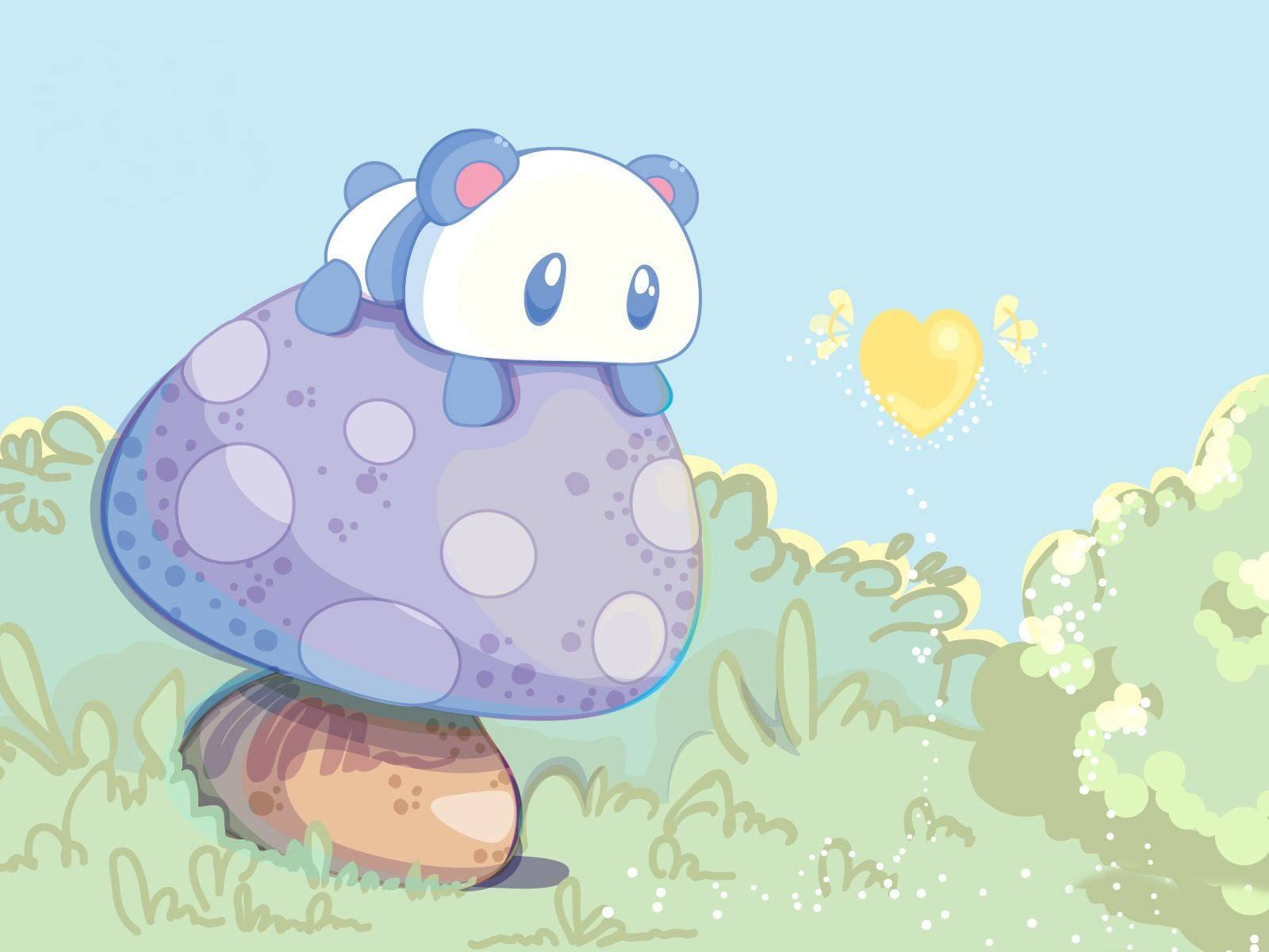 blue and white panda-like creature, large spotted mushroom, soft pastel meadow, HD Desktop Wallpaper