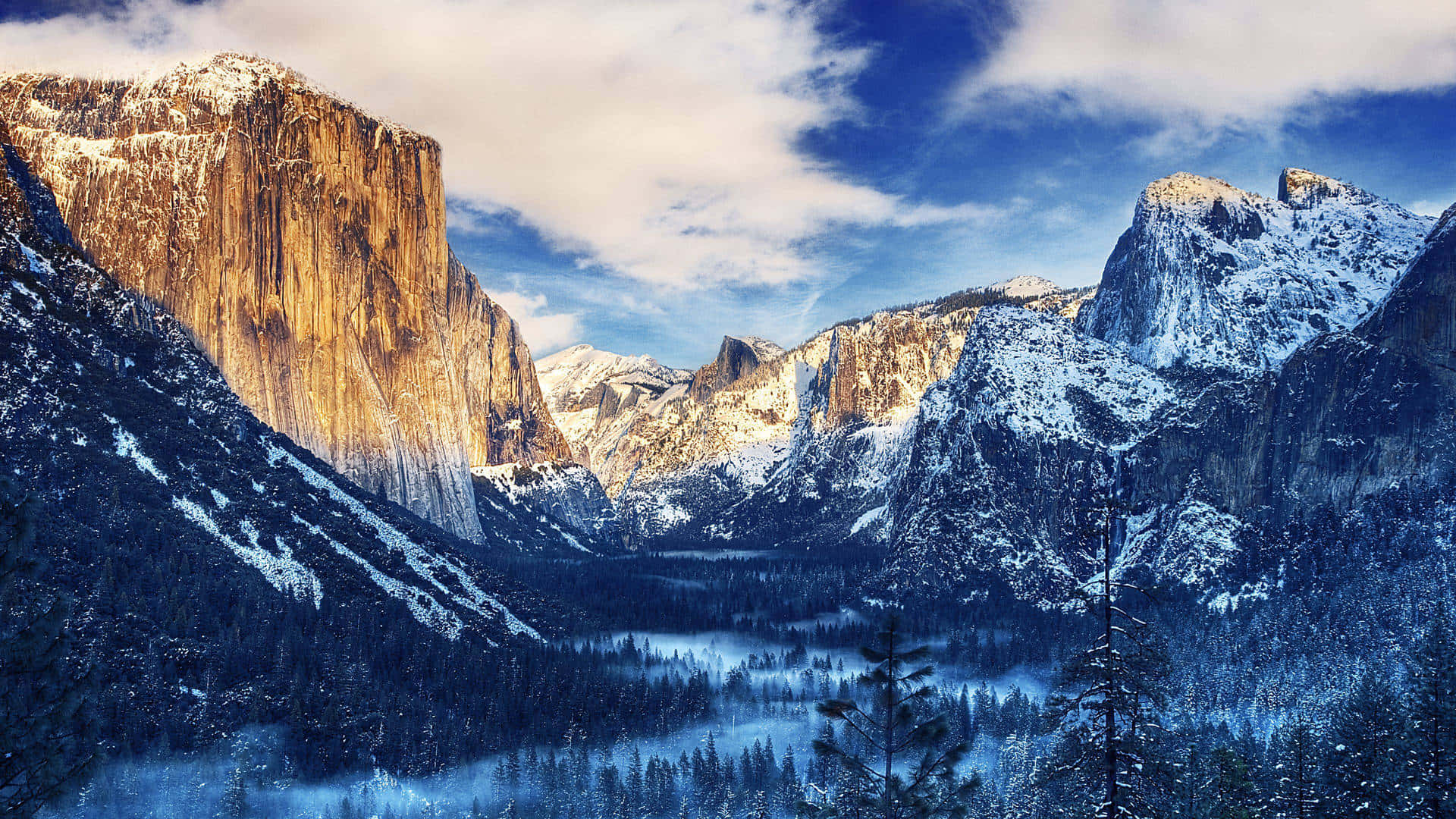 Boho Mac, snowcapped granite cliffs, misty valley, Full HD Desktop Wallpaper