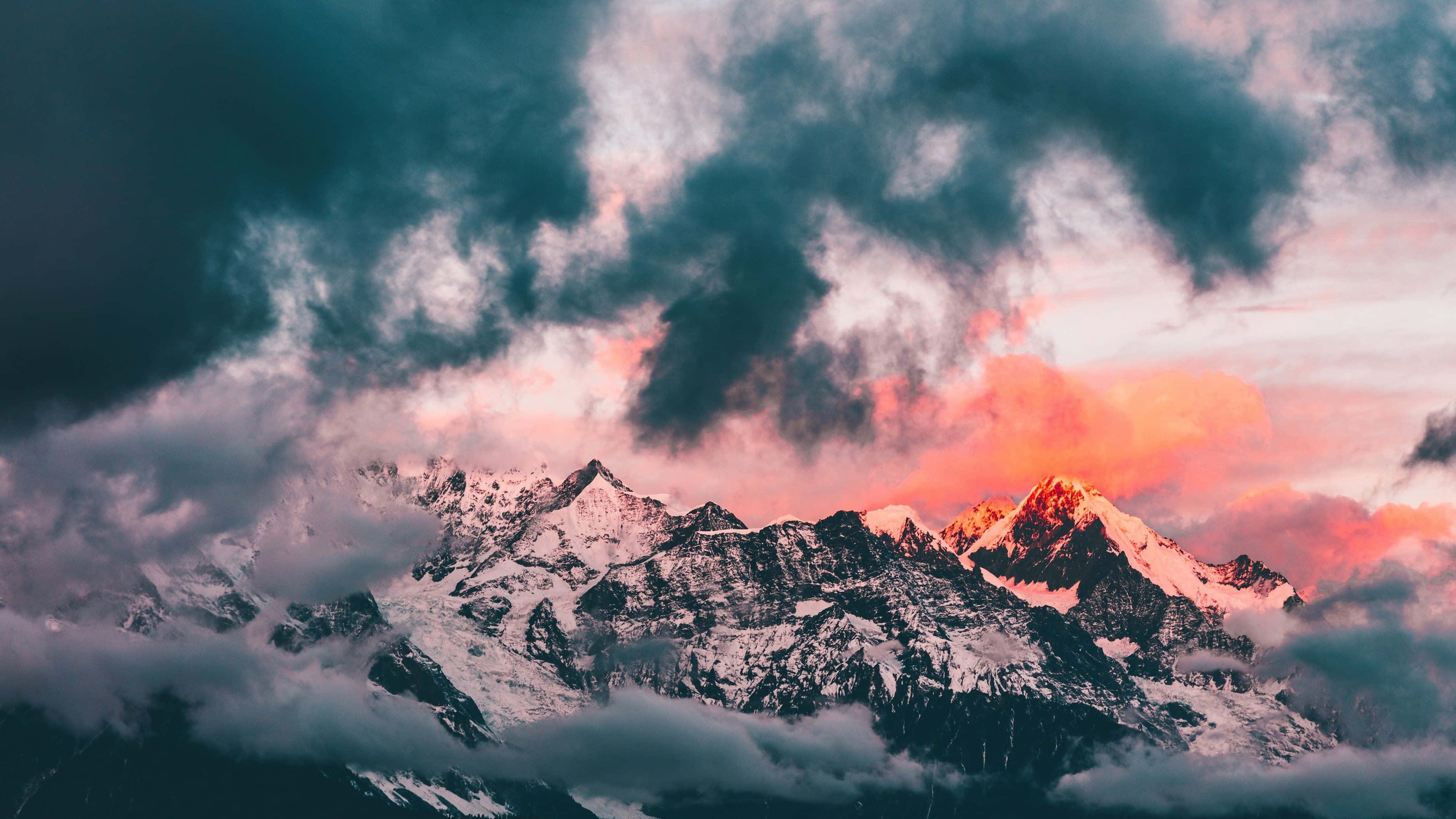 Boho Mac, snowcapped mountain peaks, dramatic clouds, 2K Desktop Wallpaper