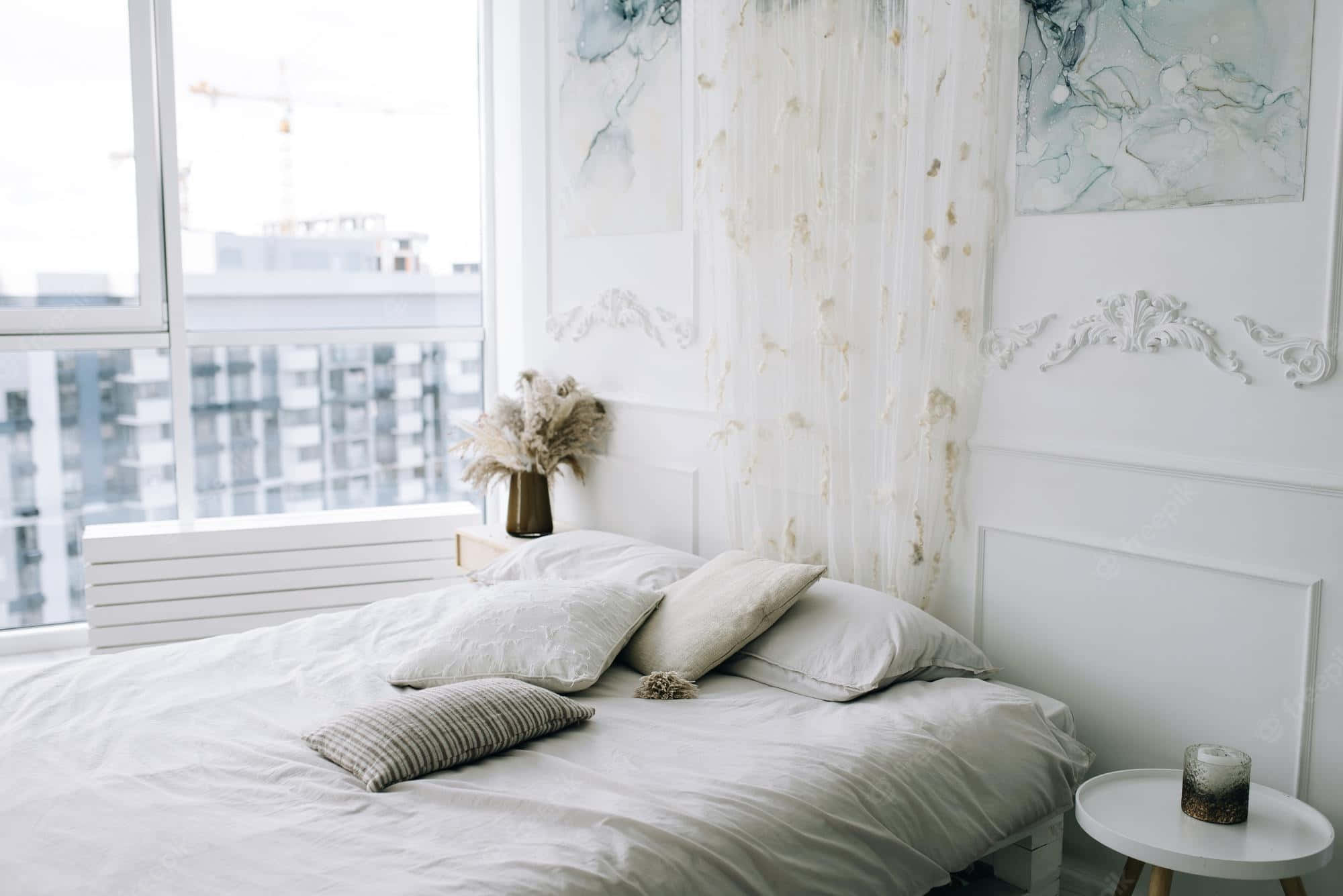 Boho Mac, white bedroom, made bed, Full HD Desktop Wallpaper