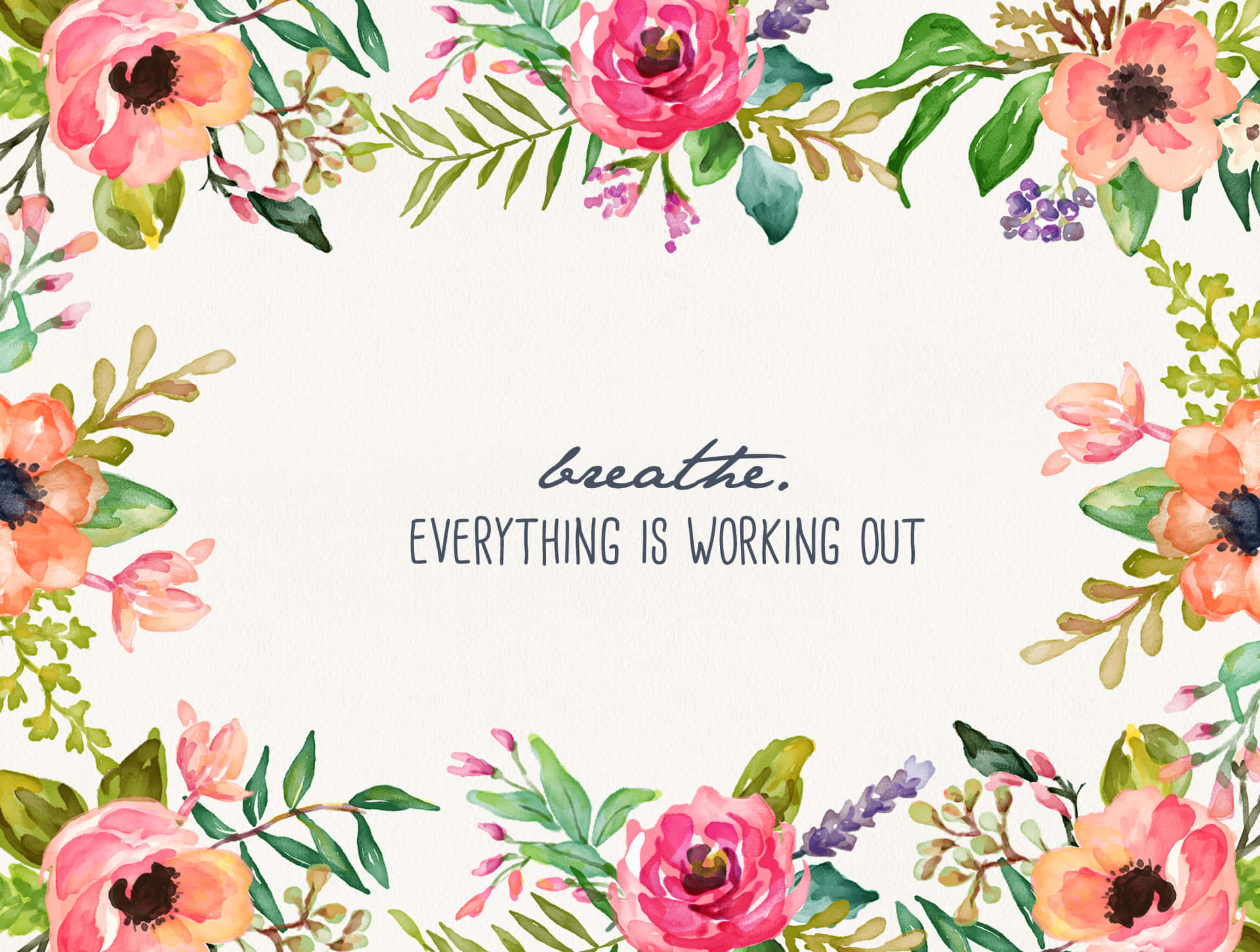 Boho Mac, watercolor floral border, pink peach, Full HD Desktop Wallpaper
