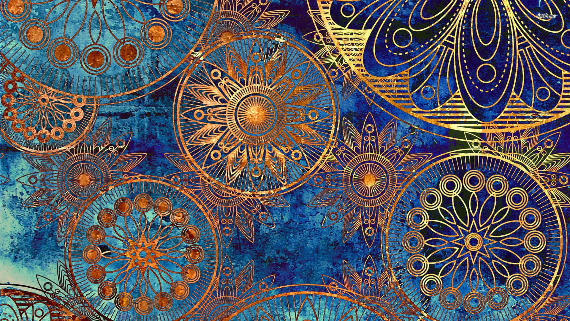 Boho Mac, Golden ornate mandala patterns, textured deep blue background, Full HD Desktop Wallpaper