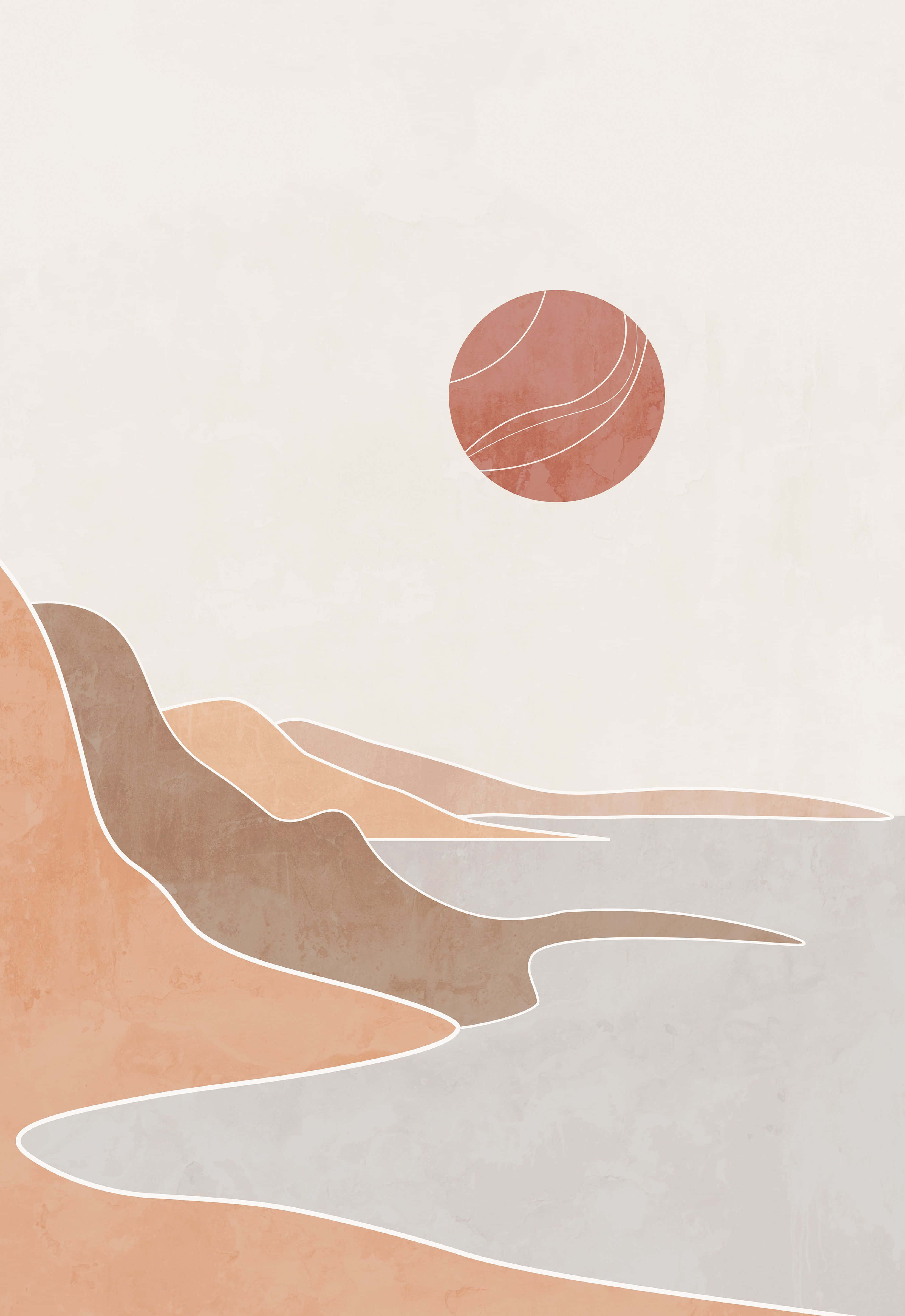 Boho Pastel, soft terracotta hills, stylized sun, 4K Phone Wallpaper