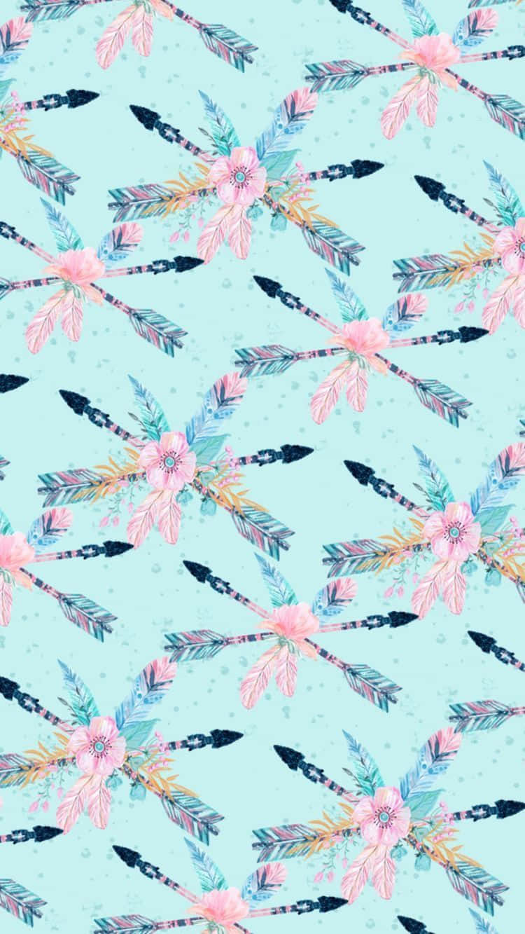 boho pastel, pink flowers, teal arrows, HD Phone Wallpaper