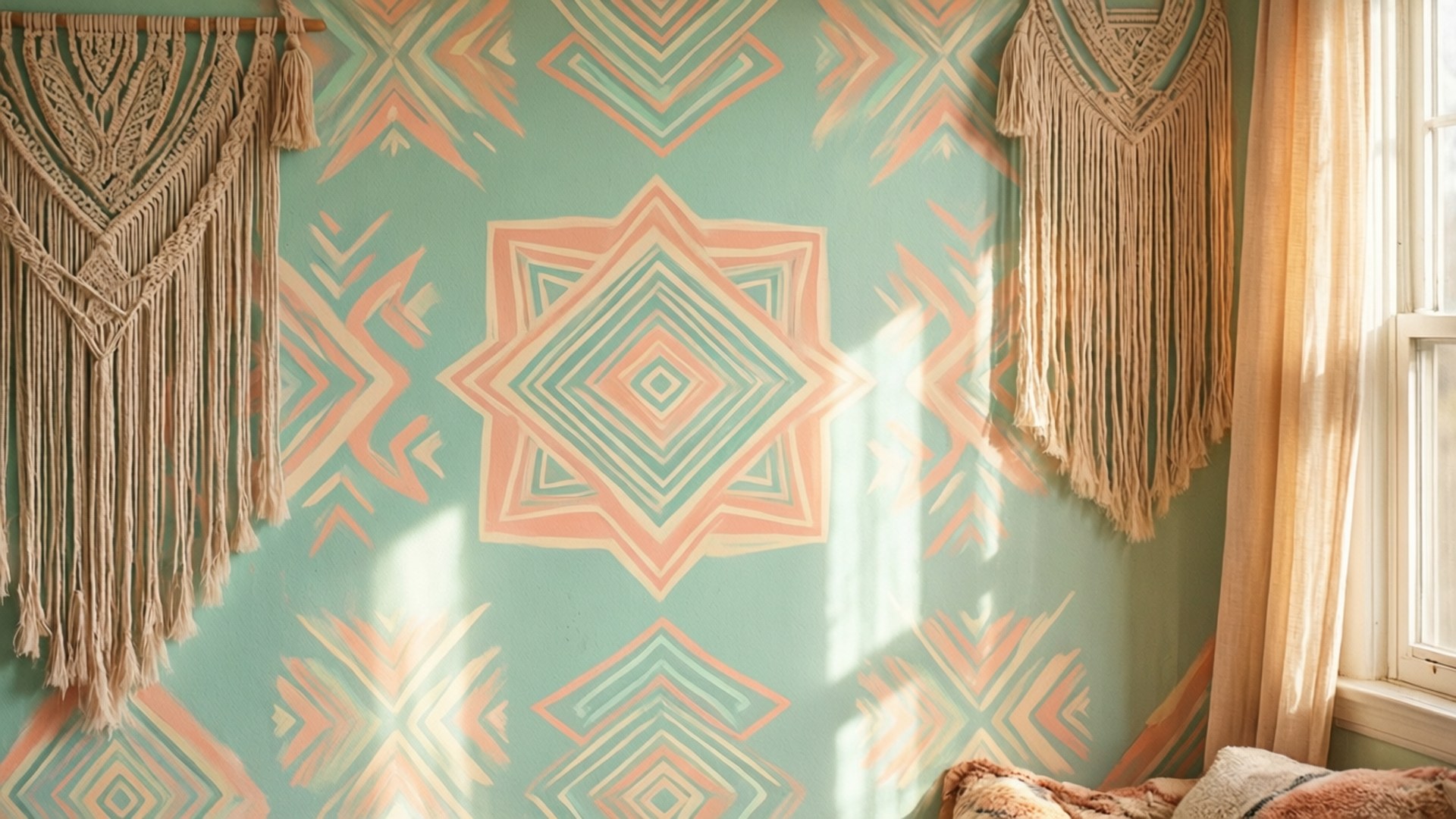 turquoise wall, peach geometric patterns, macrame decor, Full HD Desktop Wallpaper