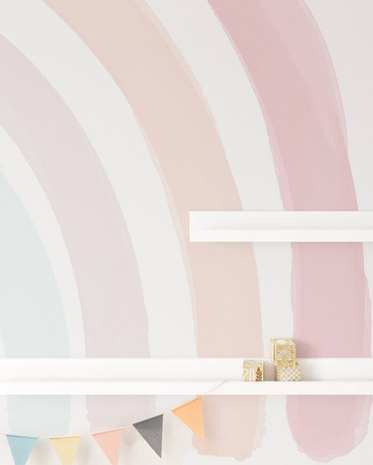rainbow wall mural, pastel rainbow brushstrokes, white shelves, HD Phone Wallpaper