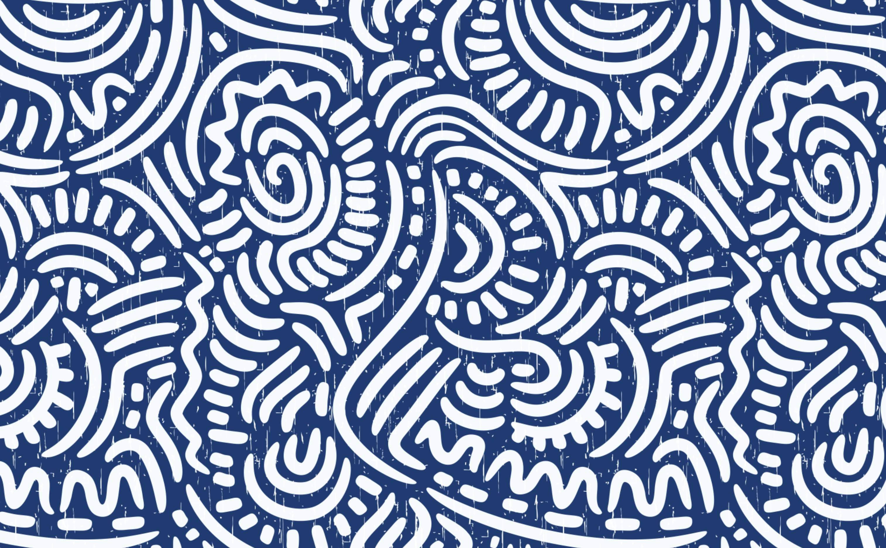 blue white boho doodle, vibrant blue background, intricate white swirling patterns, 2K Desktop Wallpaper