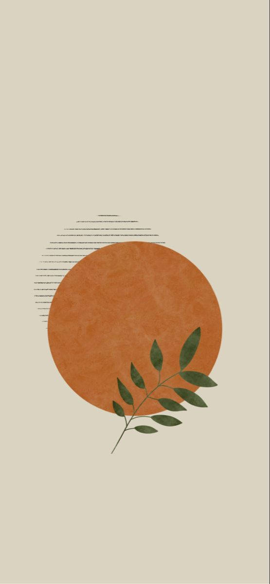 orange sun sprig boho, green leafy branch, textured orange circle, SD Phone Wallpaper