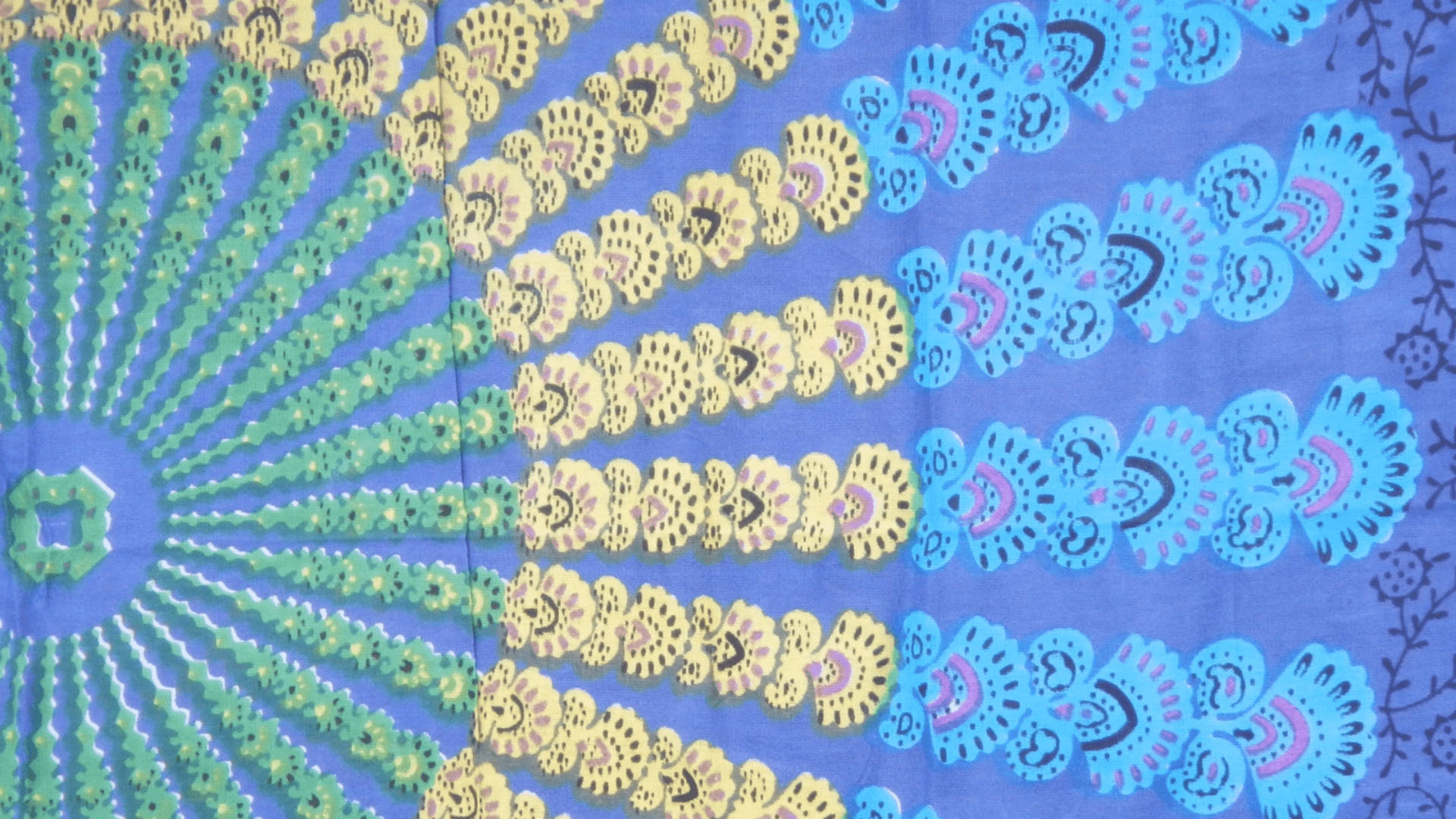 blue radial boho pattern, vibrant blue green and yellow, fan-shaped patterns, Full HD Desktop Wallpaper