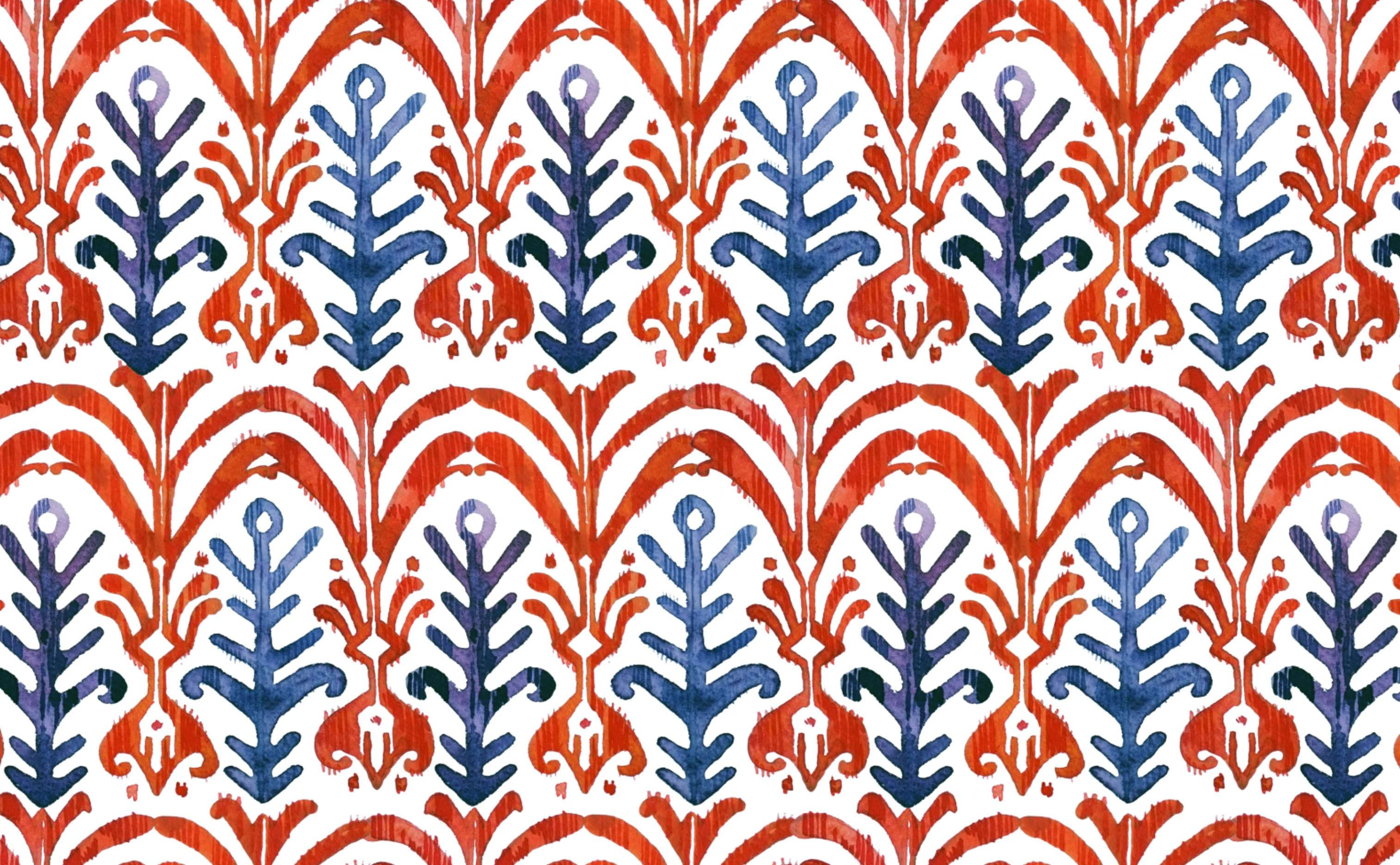 red blue boho pattern, vibrant red and blue, stylized leaf motifs, 2K Desktop Wallpaper