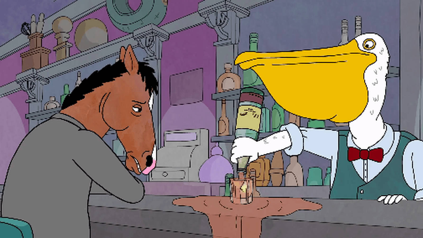 Bojack Horseman, pelican bartender, dimly lit, HD Desktop Wallpaper