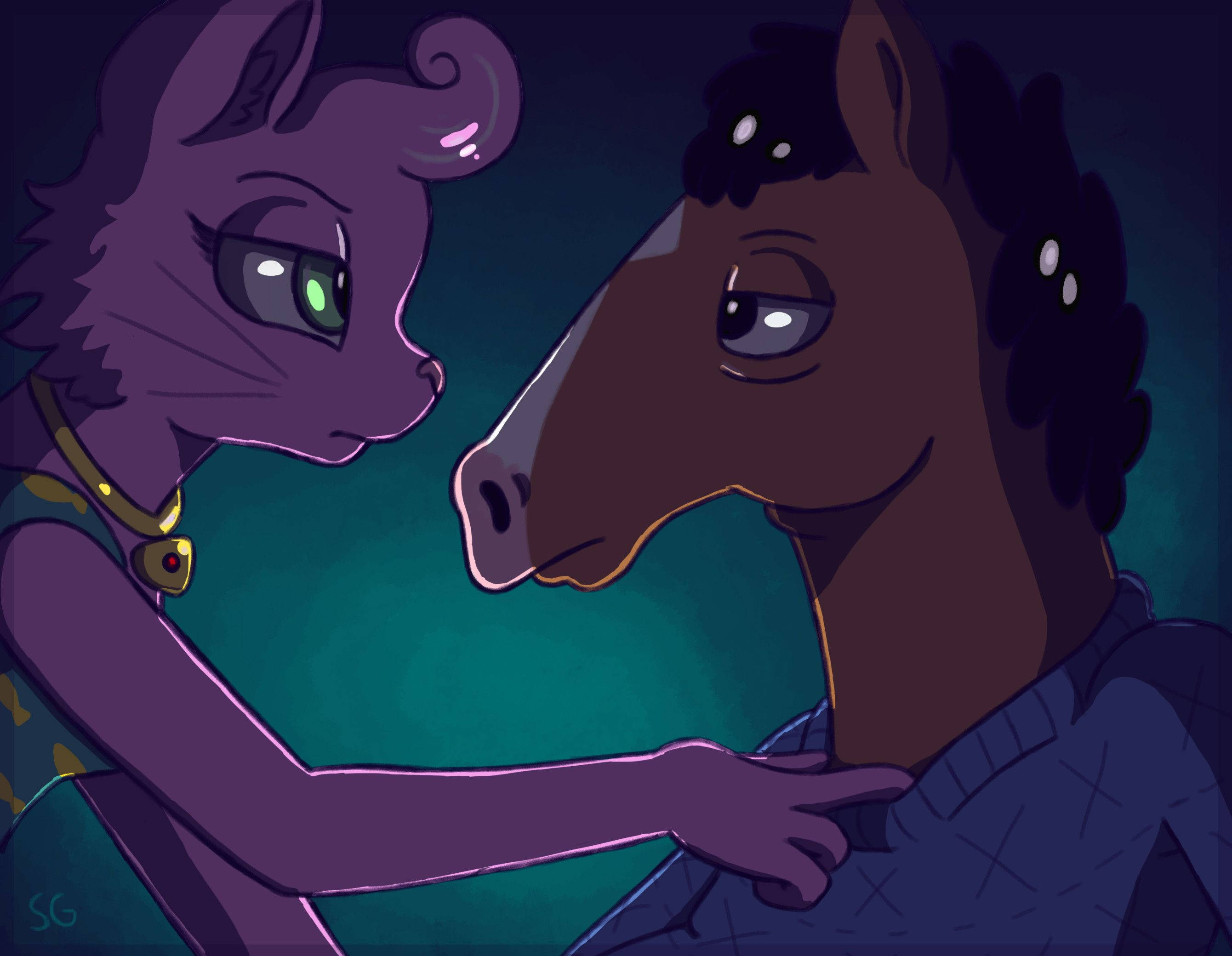 Bojack Horseman, purple cat-like creature, green eyes, 2K Desktop Wallpaper