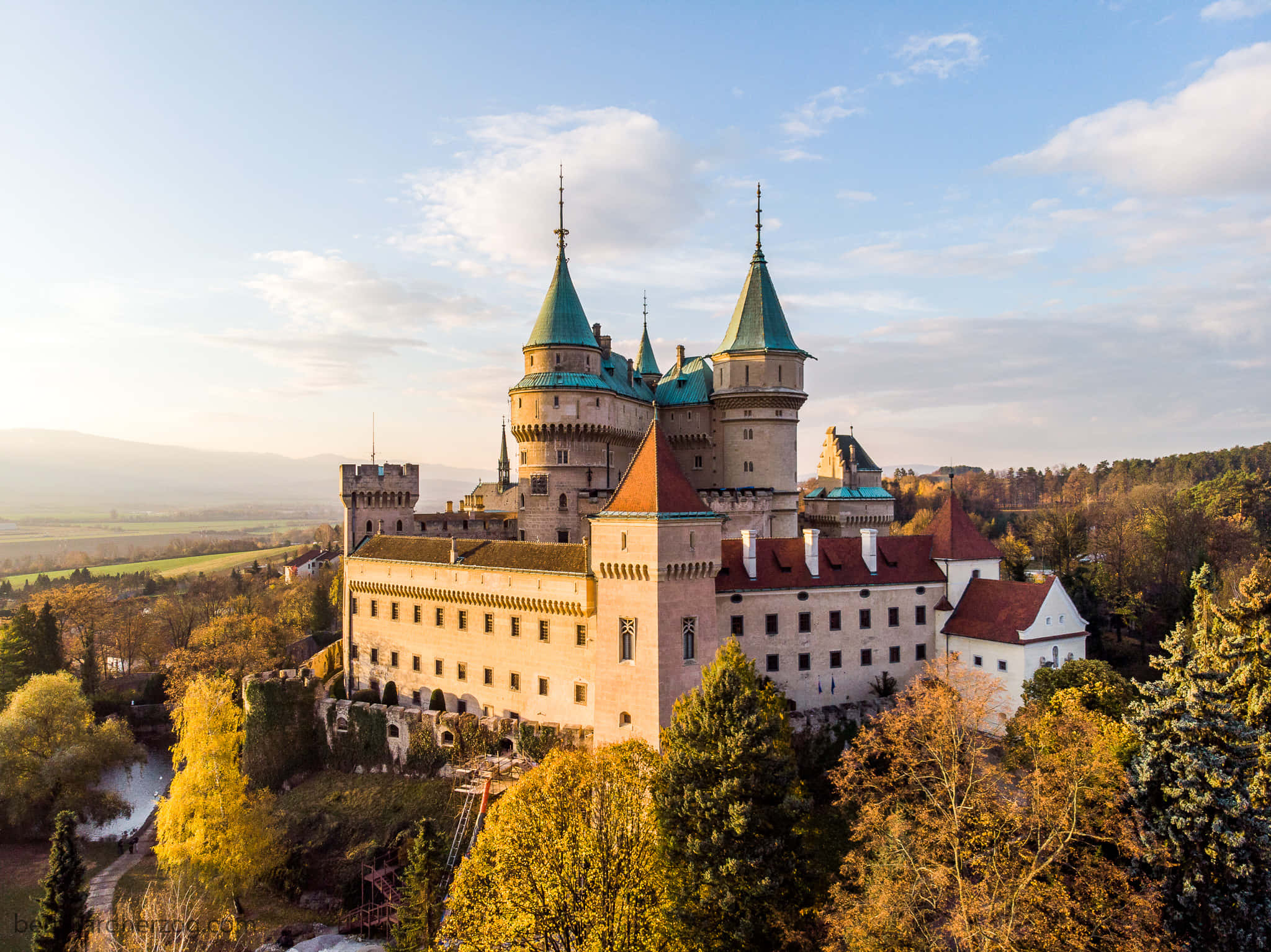 Bojnice Castle, green spires, red roofs, Full HD Desktop Wallpaper