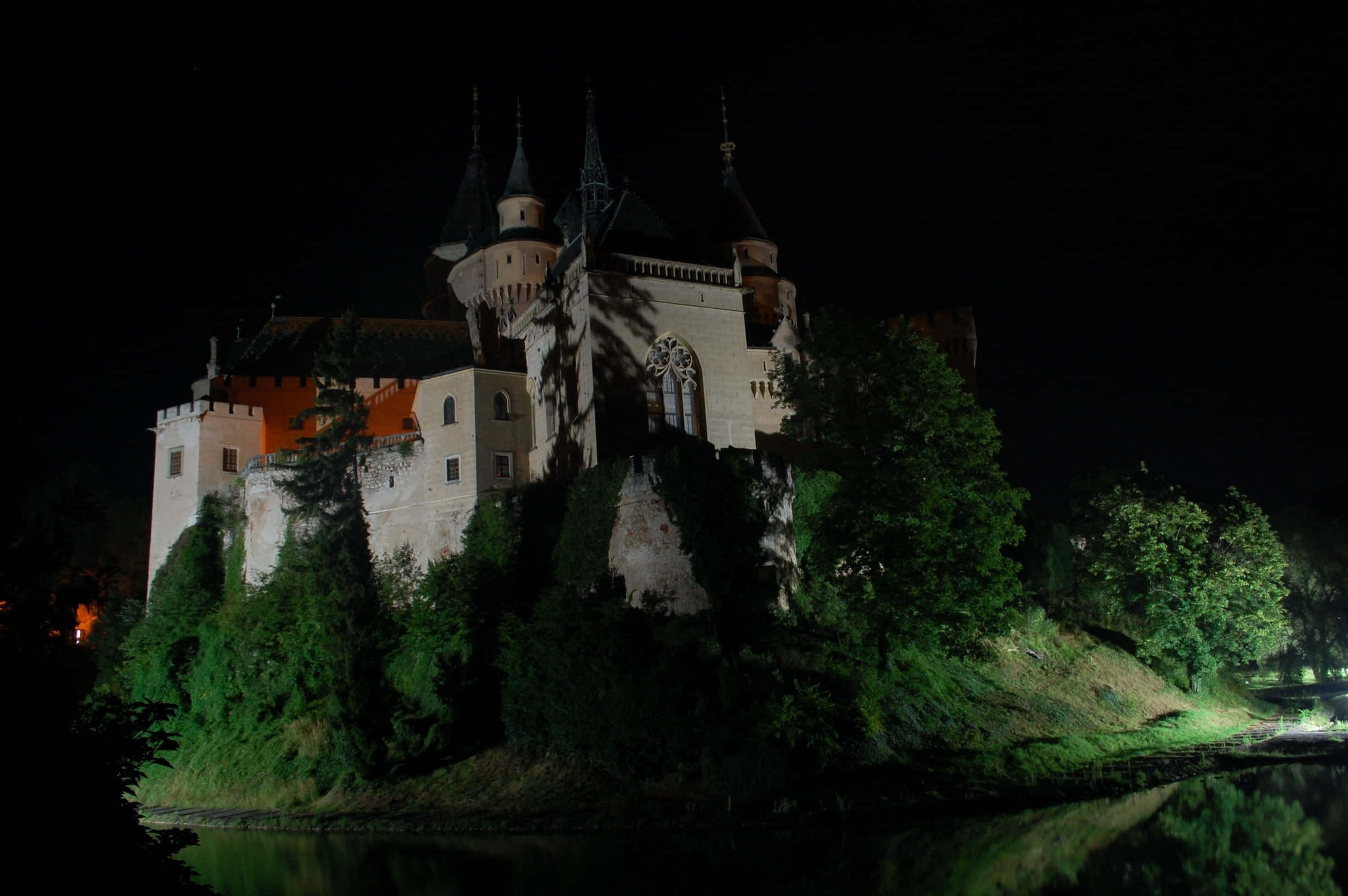 Bojnice Castle, night, stone towers, Full HD Desktop Wallpaper