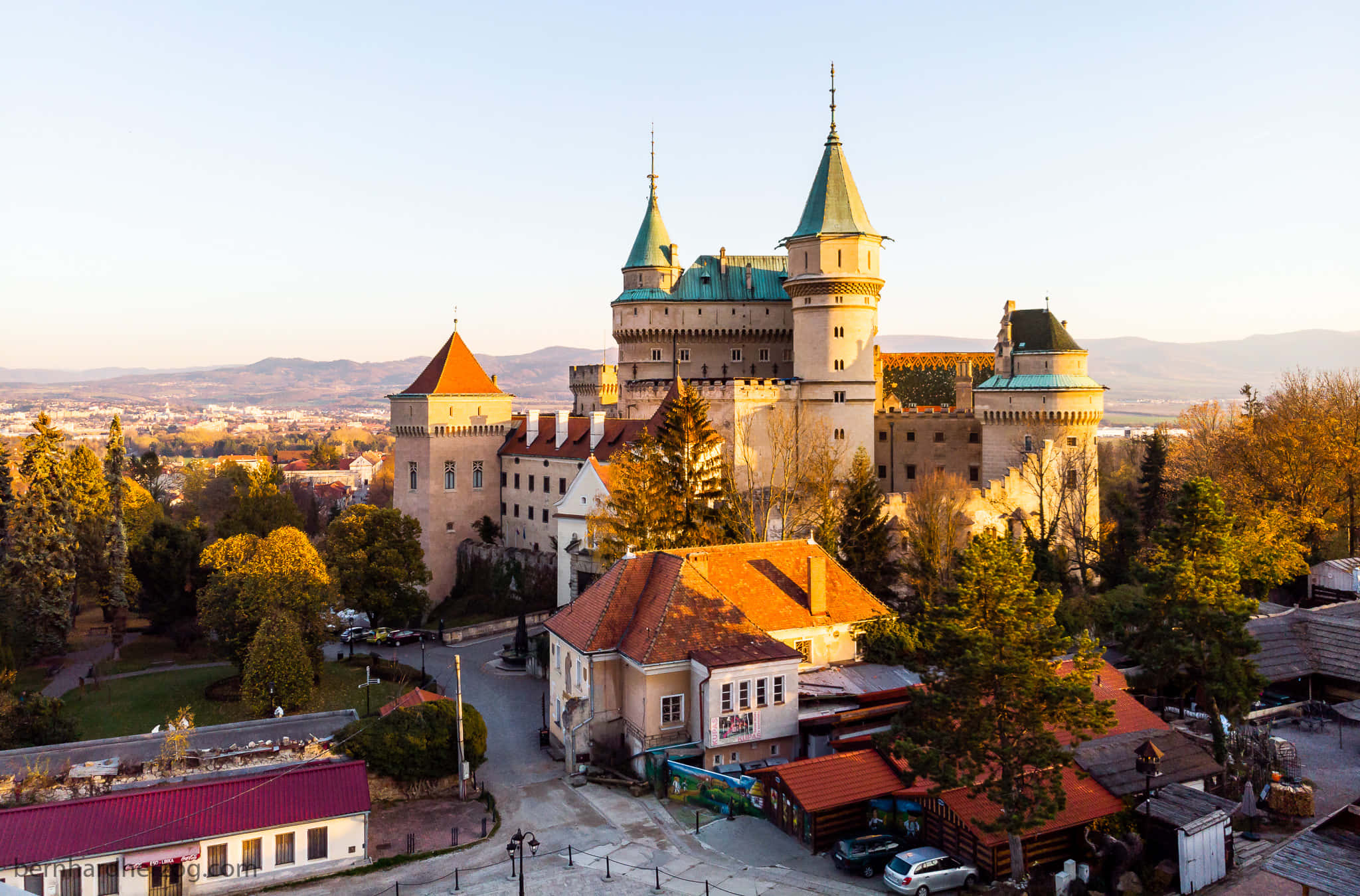 Bojnice Castle, orange roofs, green spires, Full HD Desktop Wallpaper