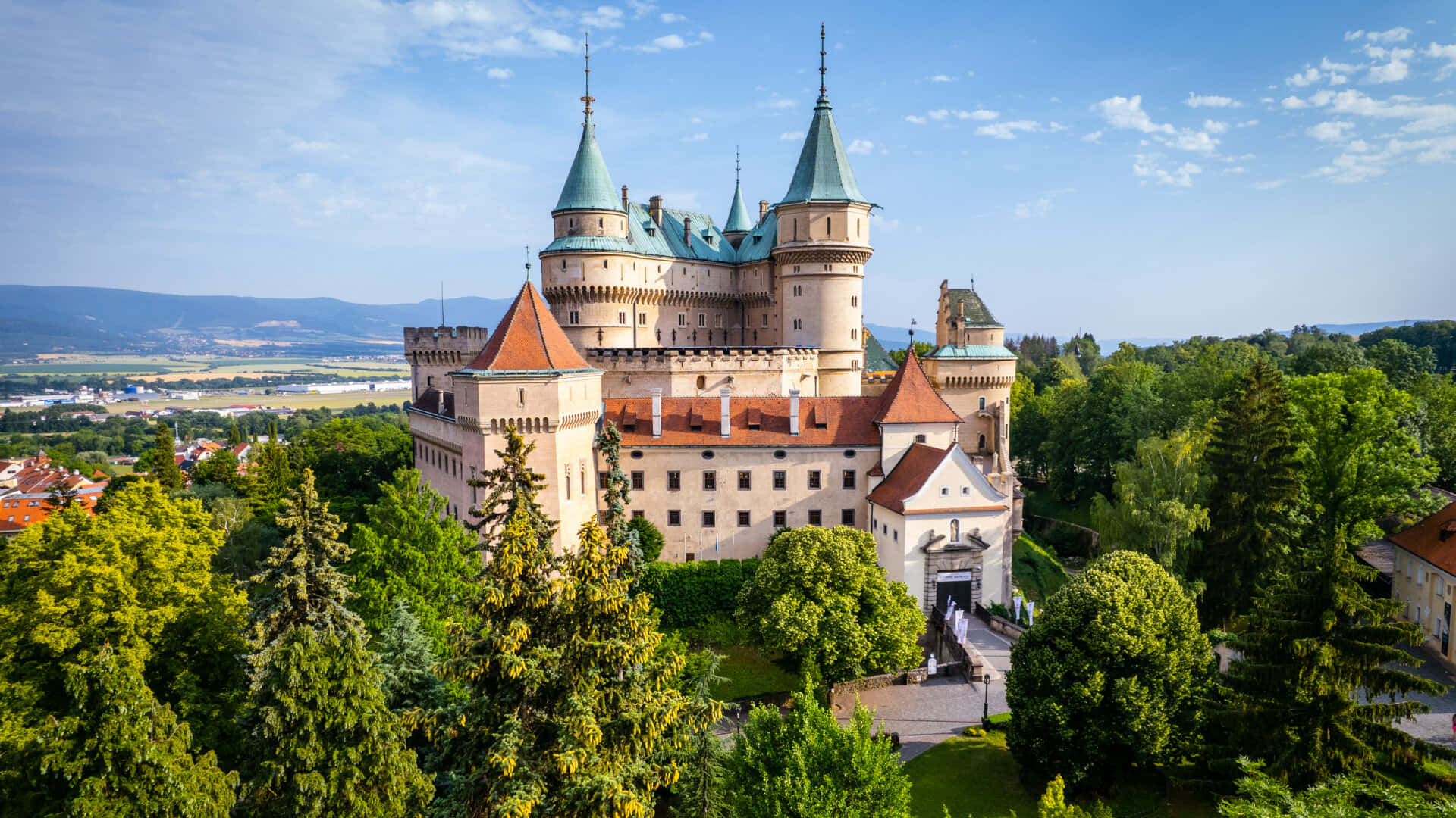 Bojnice Castle, teal spires, terracotta roofs, Full HD Desktop Wallpaper
