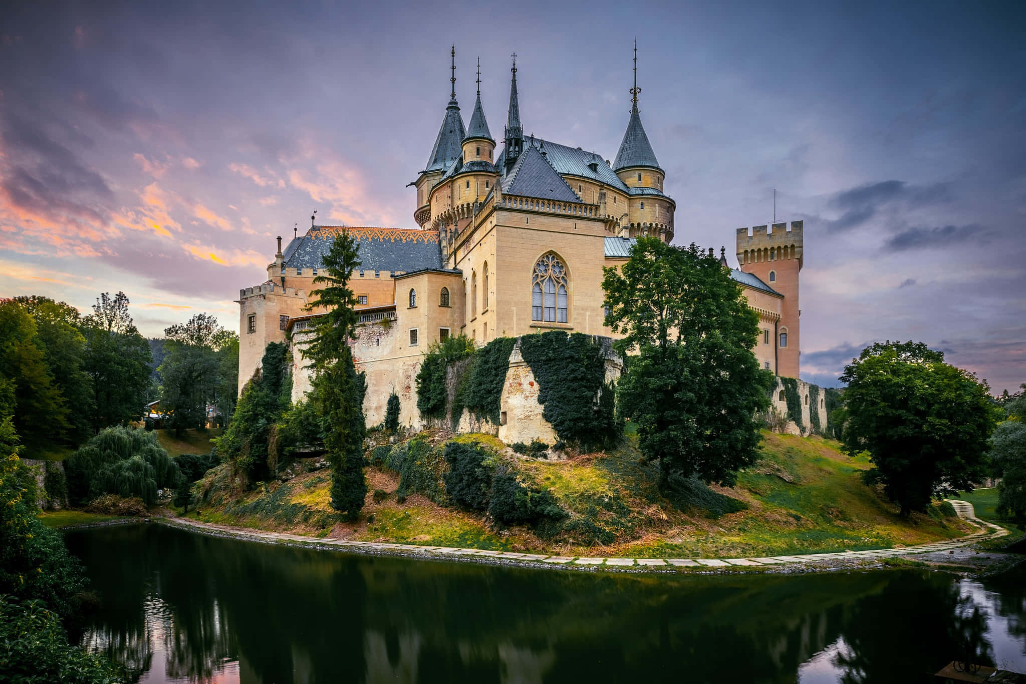 Bojnice Castle, gothic castle, spires, Full HD Desktop Wallpaper