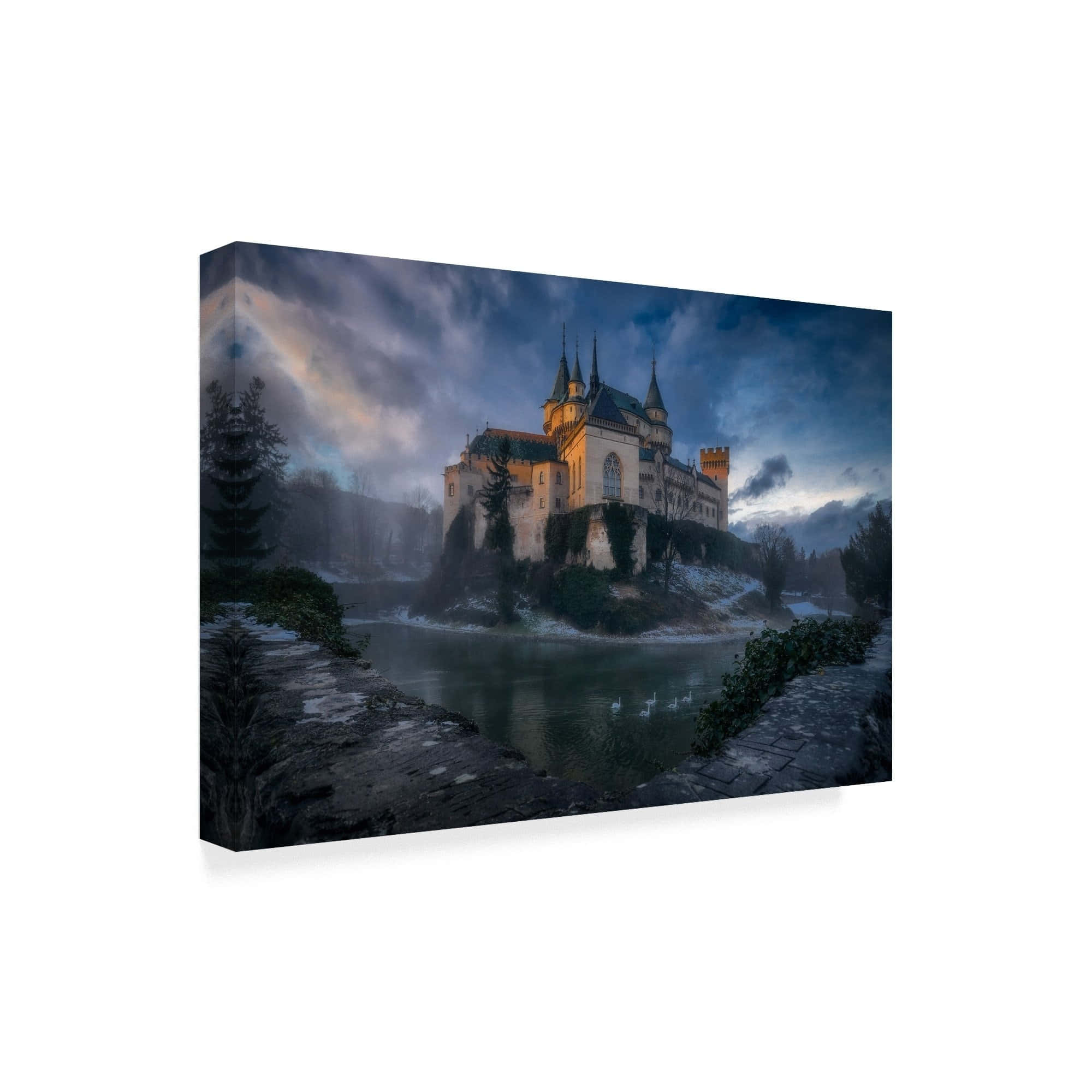 Bojnice Castle, square, misty cliff, Full HD Desktop Wallpaper
