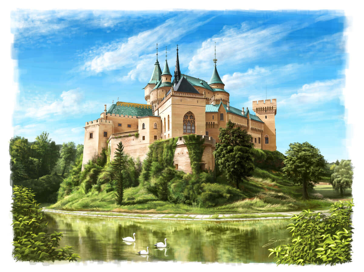 Bojnice Castle, green roofs, turrets, SD Desktop Wallpaper