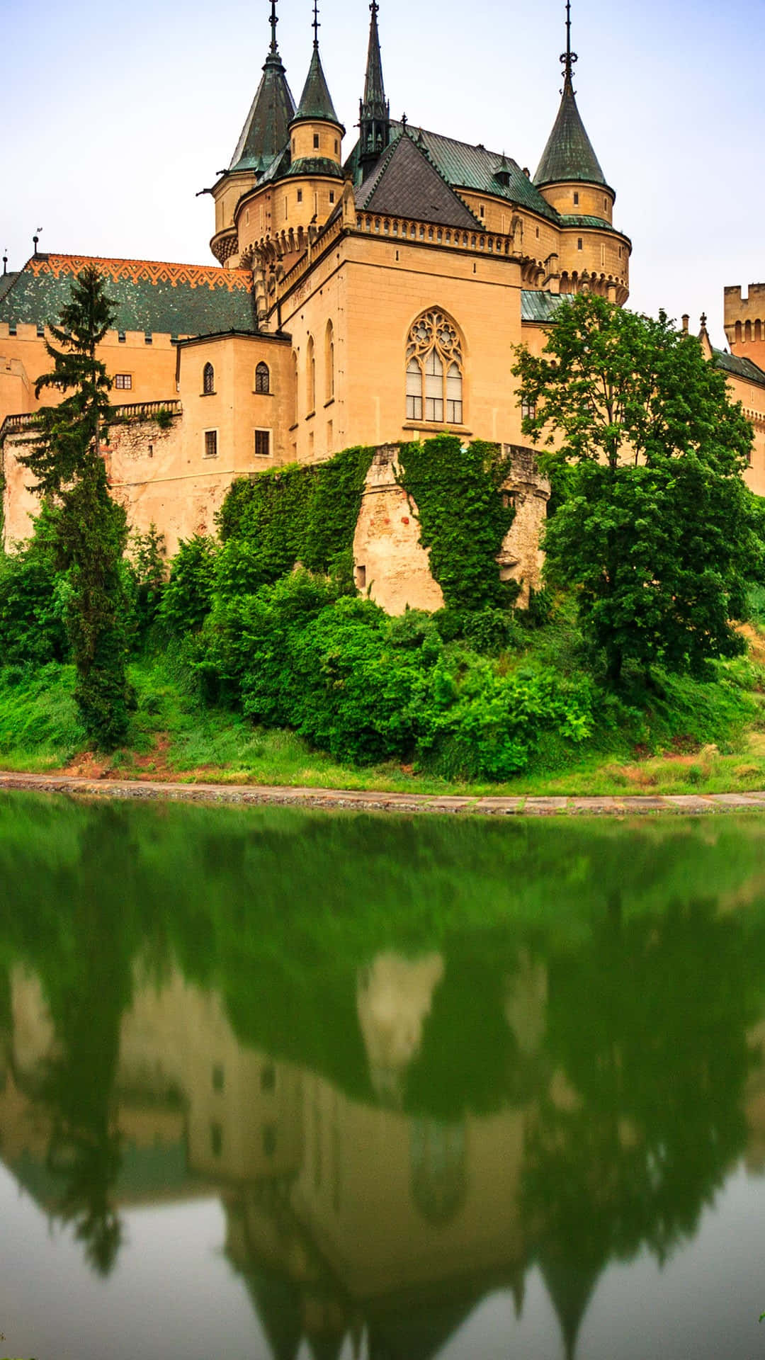 Bojnice Castle, green pond, calm water, Full HD Phone Wallpaper