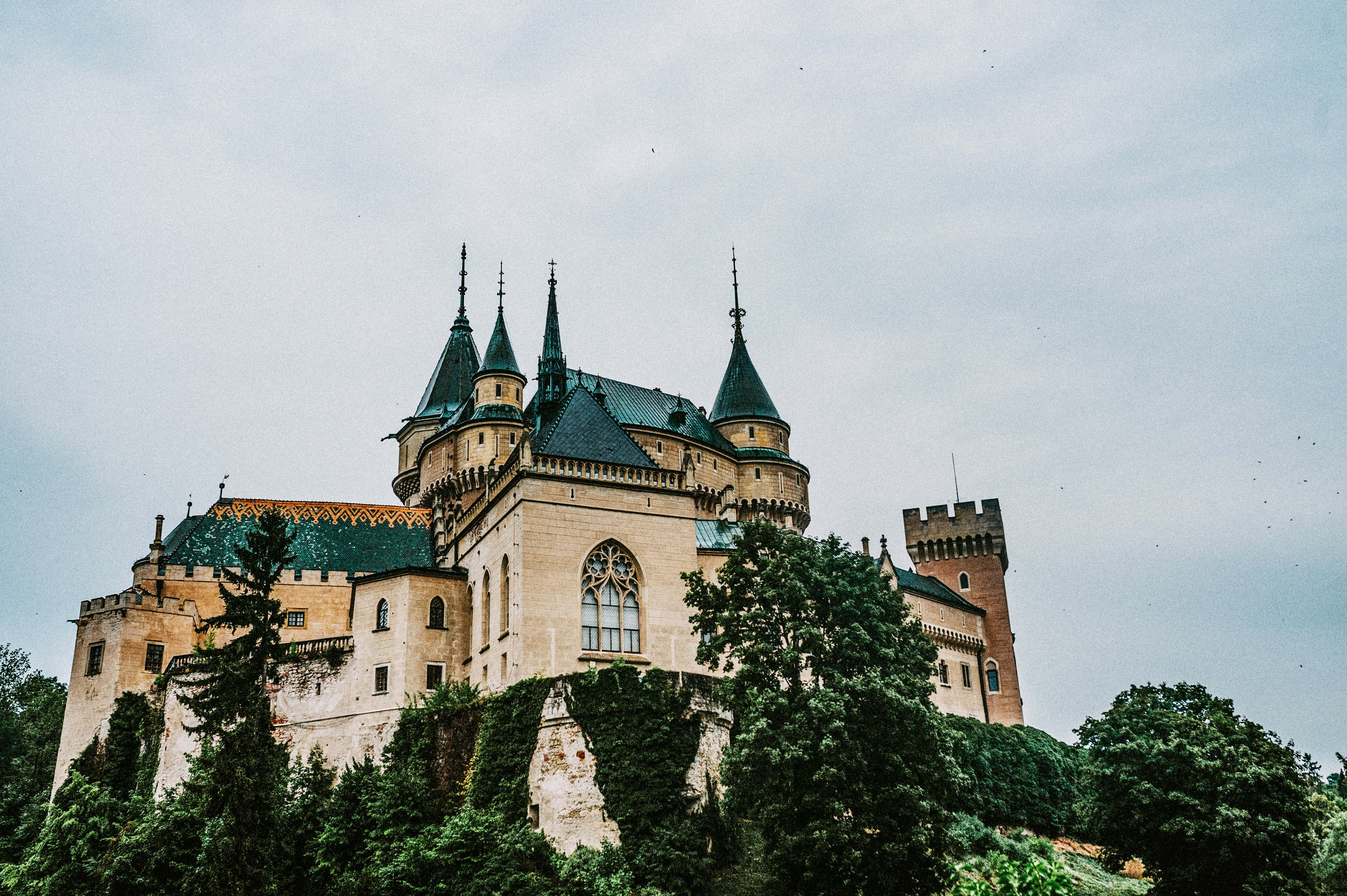 Bojnice Castle, green spires, stone walls, 4K Desktop Wallpaper