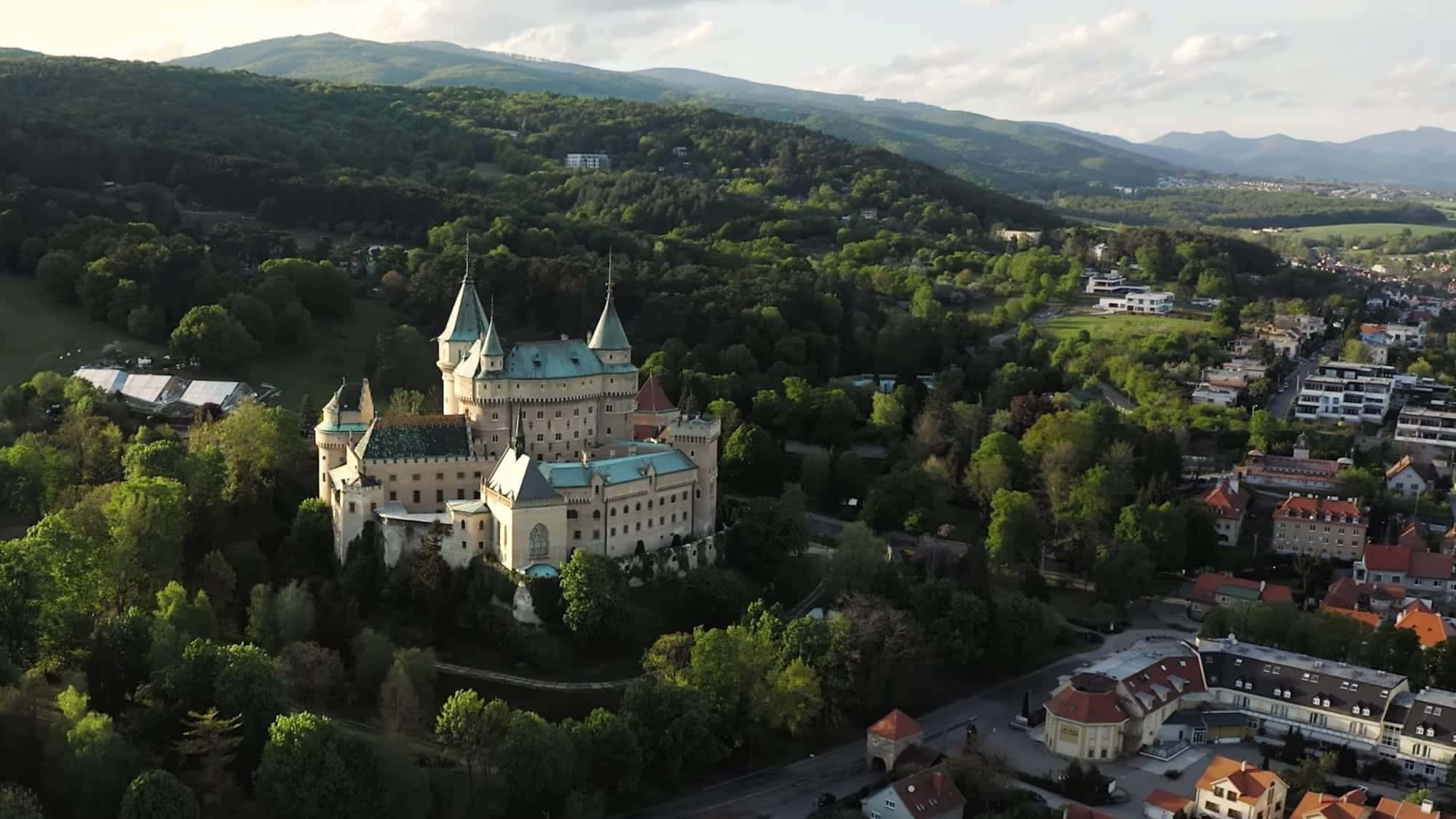 Bojnice Castle, forest, green roofs, Full HD Desktop Wallpaper